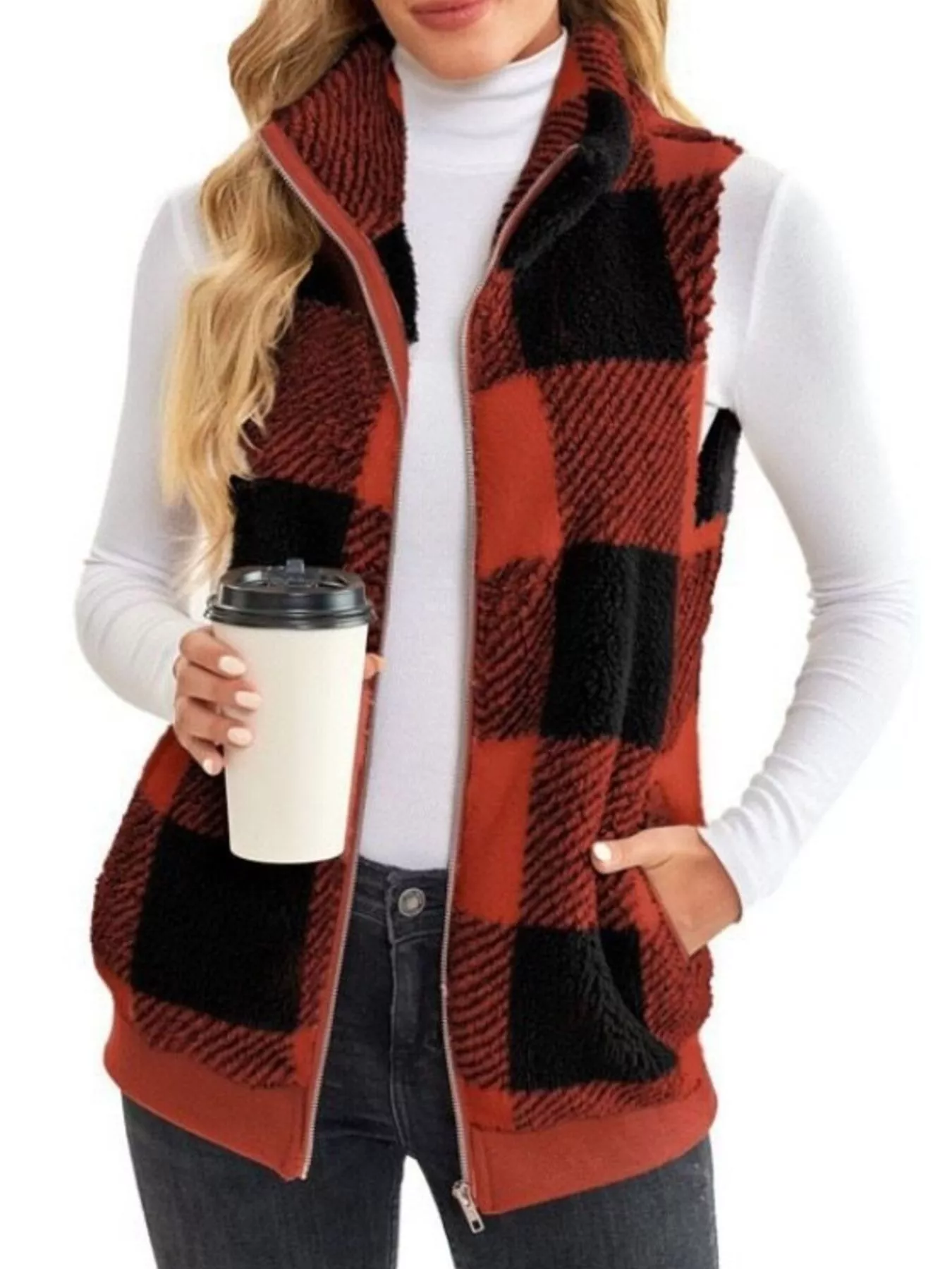 Full Size Color Block Zip Up Vest Coat Plus Size - Image 10