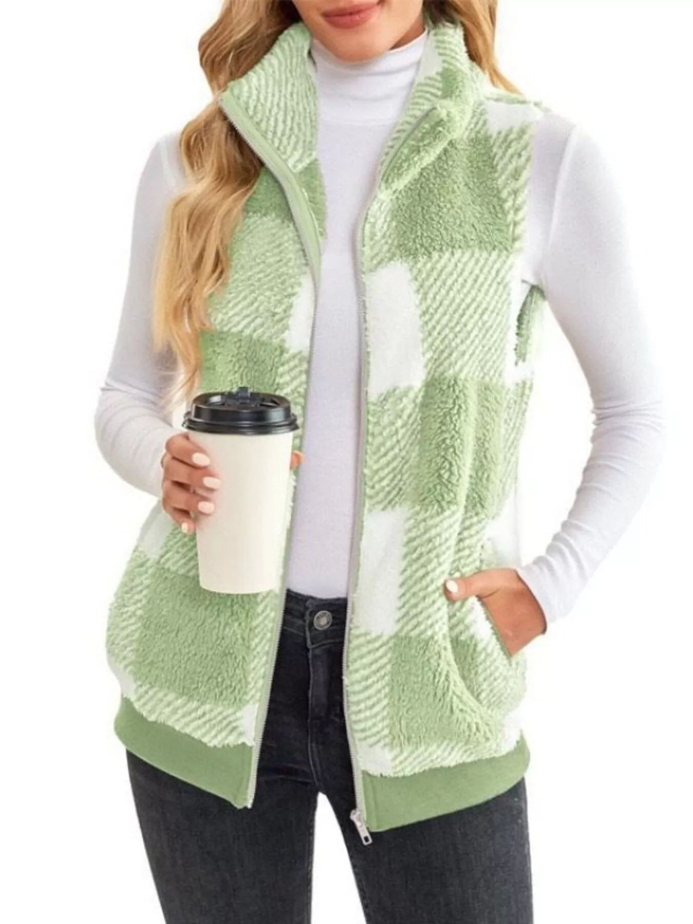 Full Size Color Block Zip Up Vest Coat Plus Size - Image 13