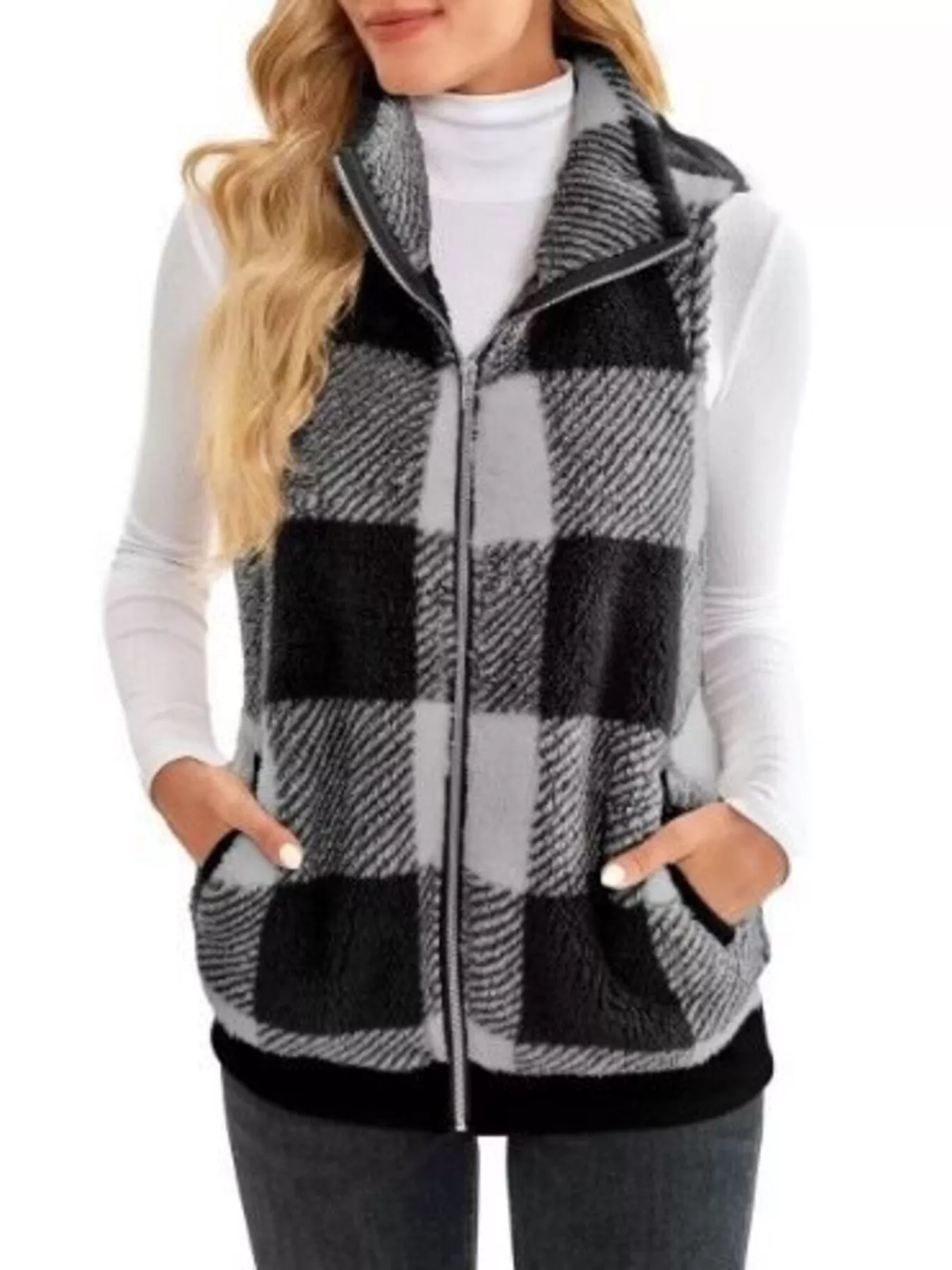 Full Size Color Block Zip Up Vest Coat Plus Size - Image 16