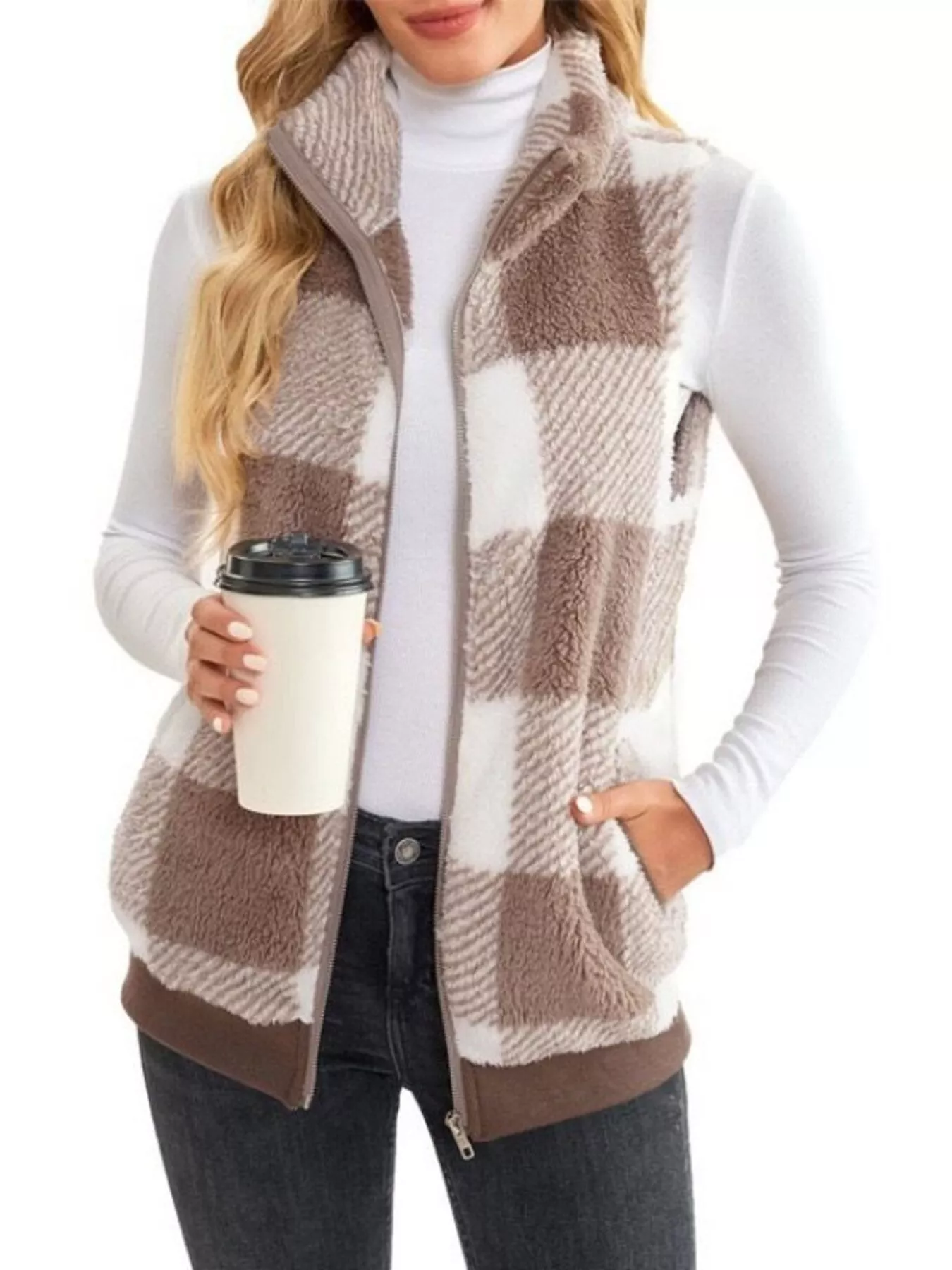 Full Size Color Block Zip Up Vest Coat Plus Size - Image 19