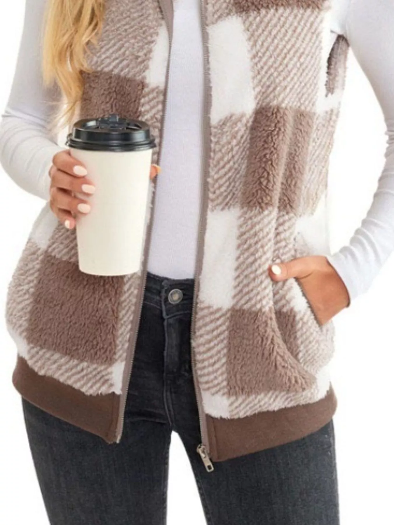 Full Size Color Block Zip Up Vest Coat Plus Size - Image 21