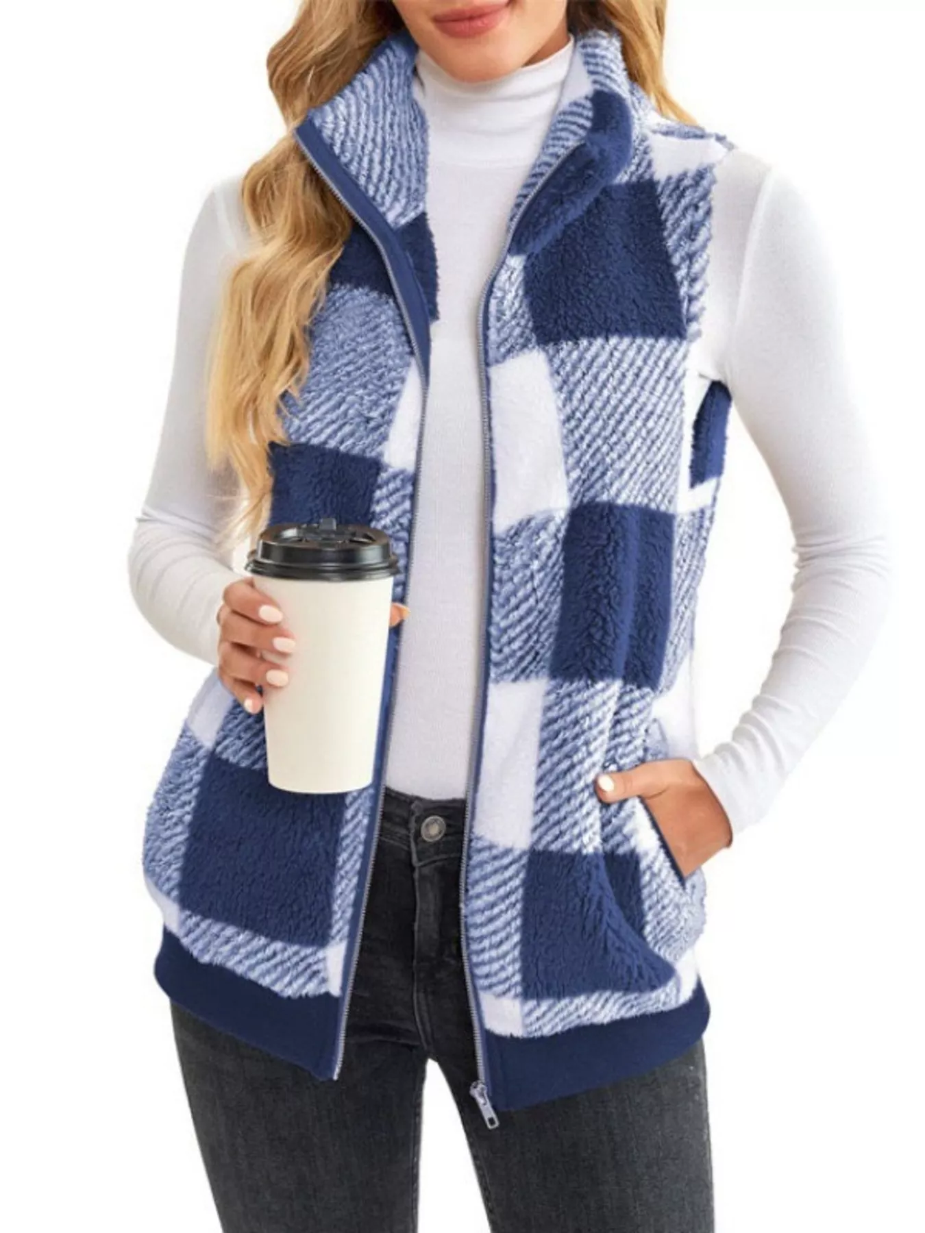 Full Size Color Block Zip Up Vest Coat Plus Size - Image 4