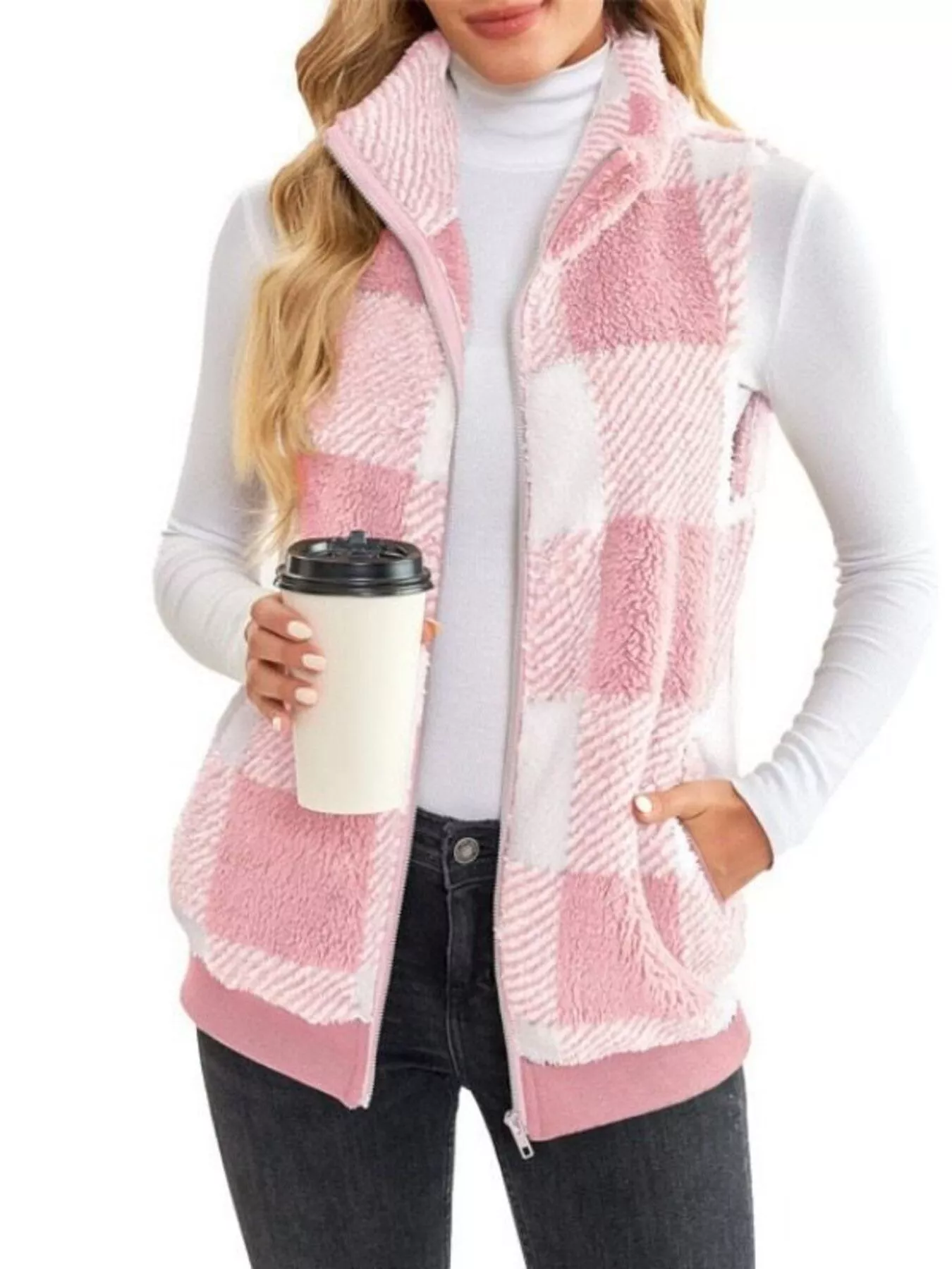 Full Size Color Block Zip Up Vest Coat Plus Size - Image 7