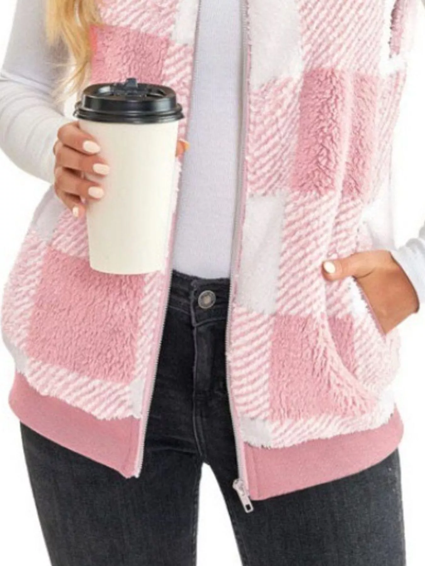 Full Size Color Block Zip Up Vest Coat Plus Size - Image 8