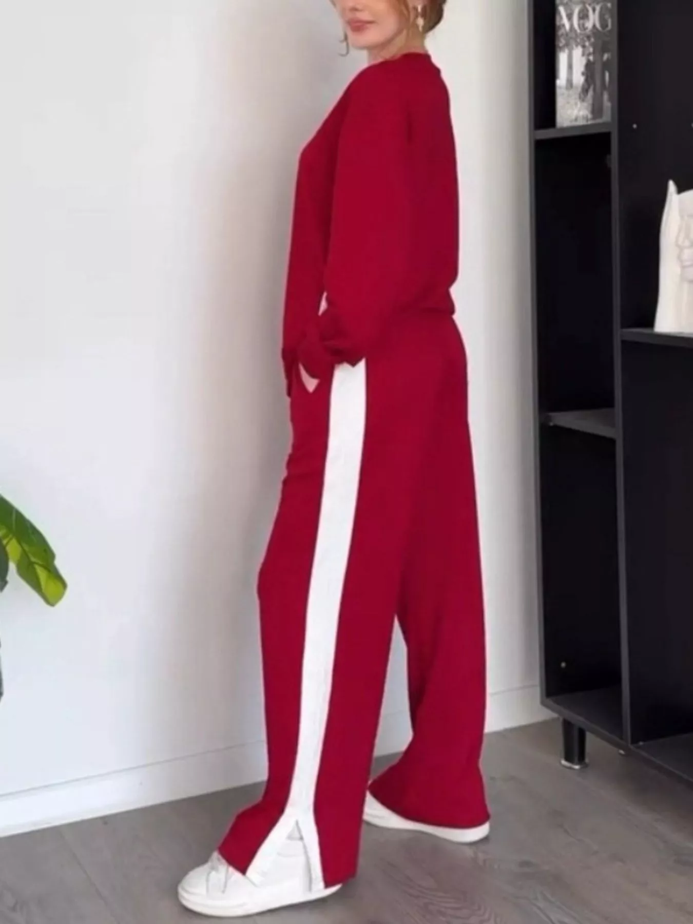 Full Size Contrast Round Neck Top and Pants Set Plus Size - Image 16