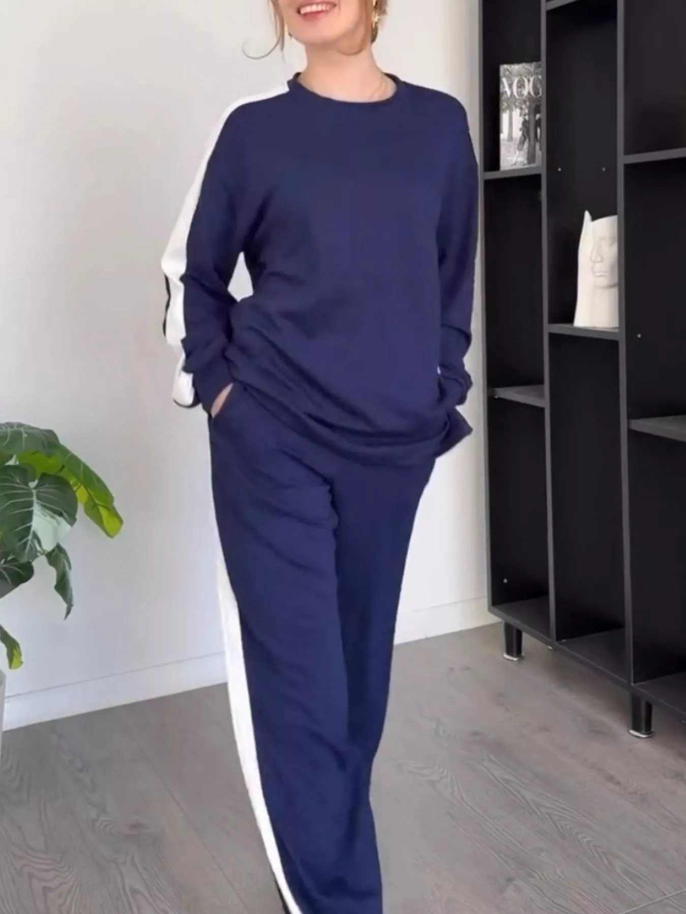 Full Size Contrast Round Neck Top and Pants Set Plus Size - Image 9
