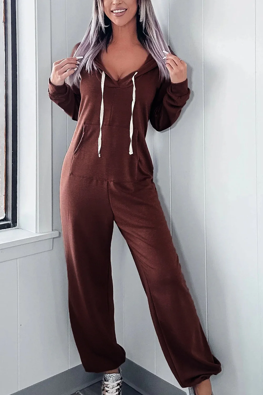 Full Size Drawstring Long Sleeve Jumpsuit - Image 4