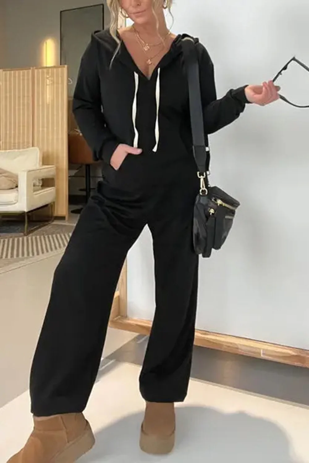 Full Size Drawstring Long Sleeve Jumpsuit - Image 7