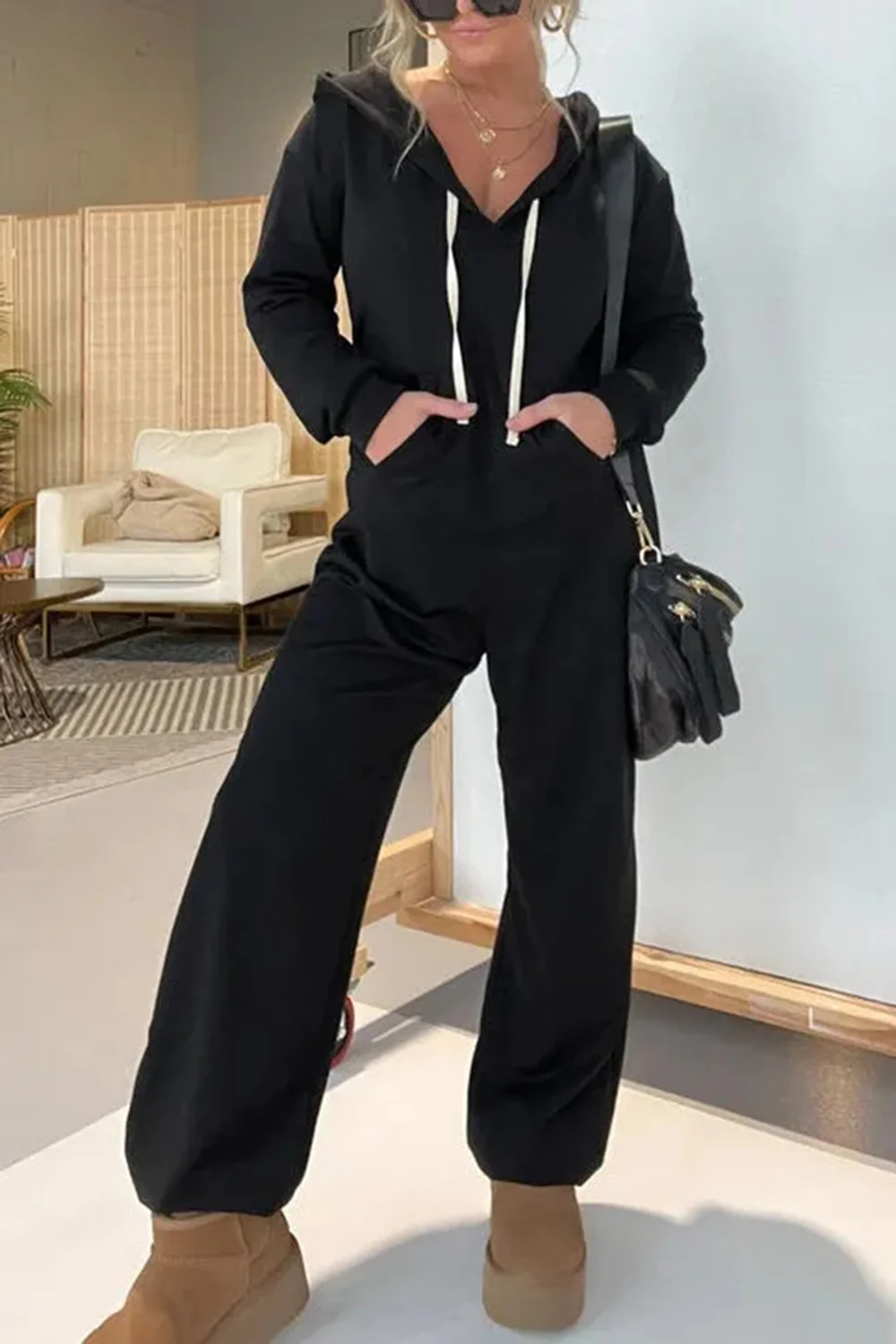 Full Size Drawstring Long Sleeve Jumpsuit - Image 9