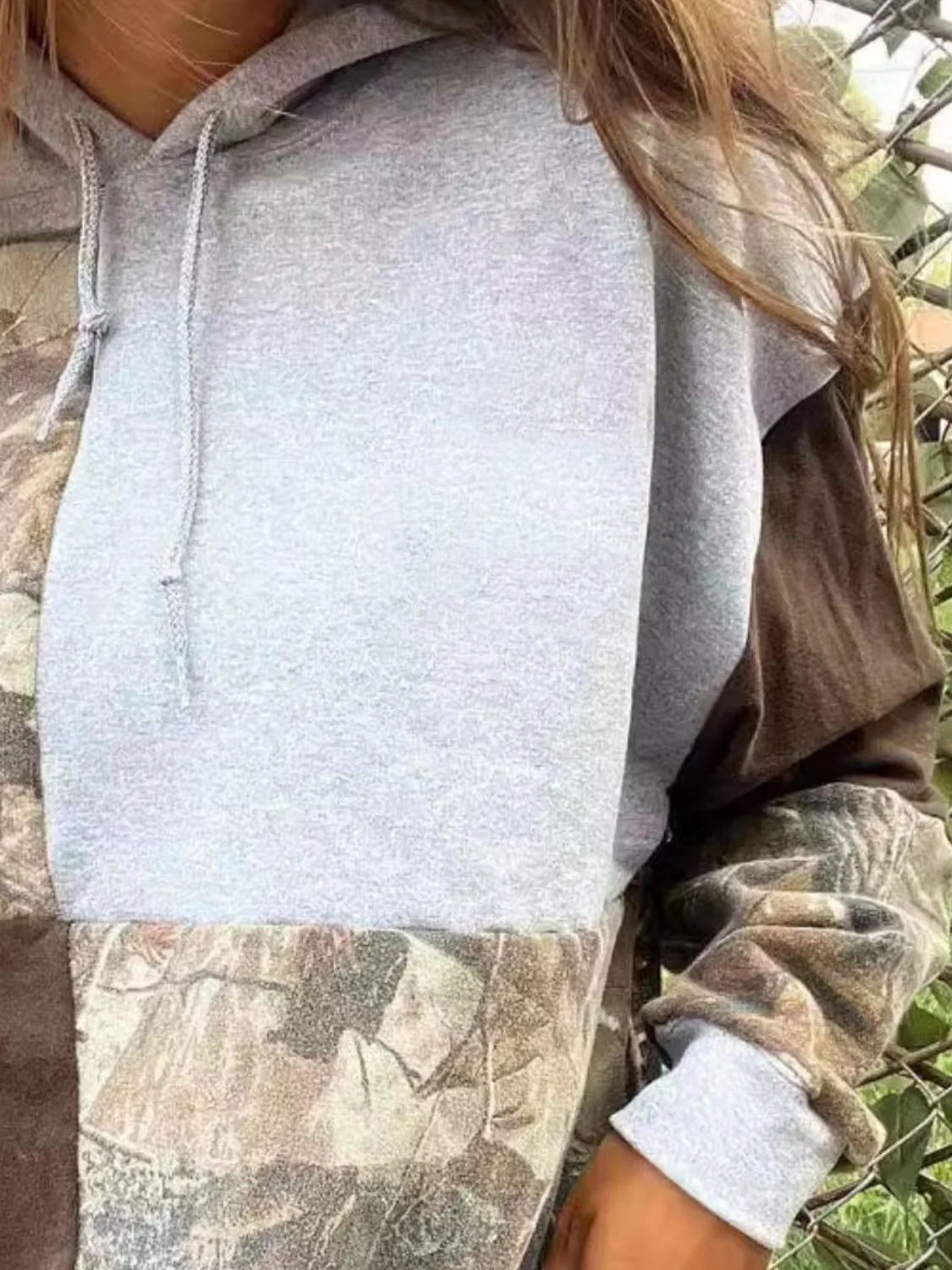 Full Size Drawstring Patchwork Long Sleeve Hoodie - Image 3