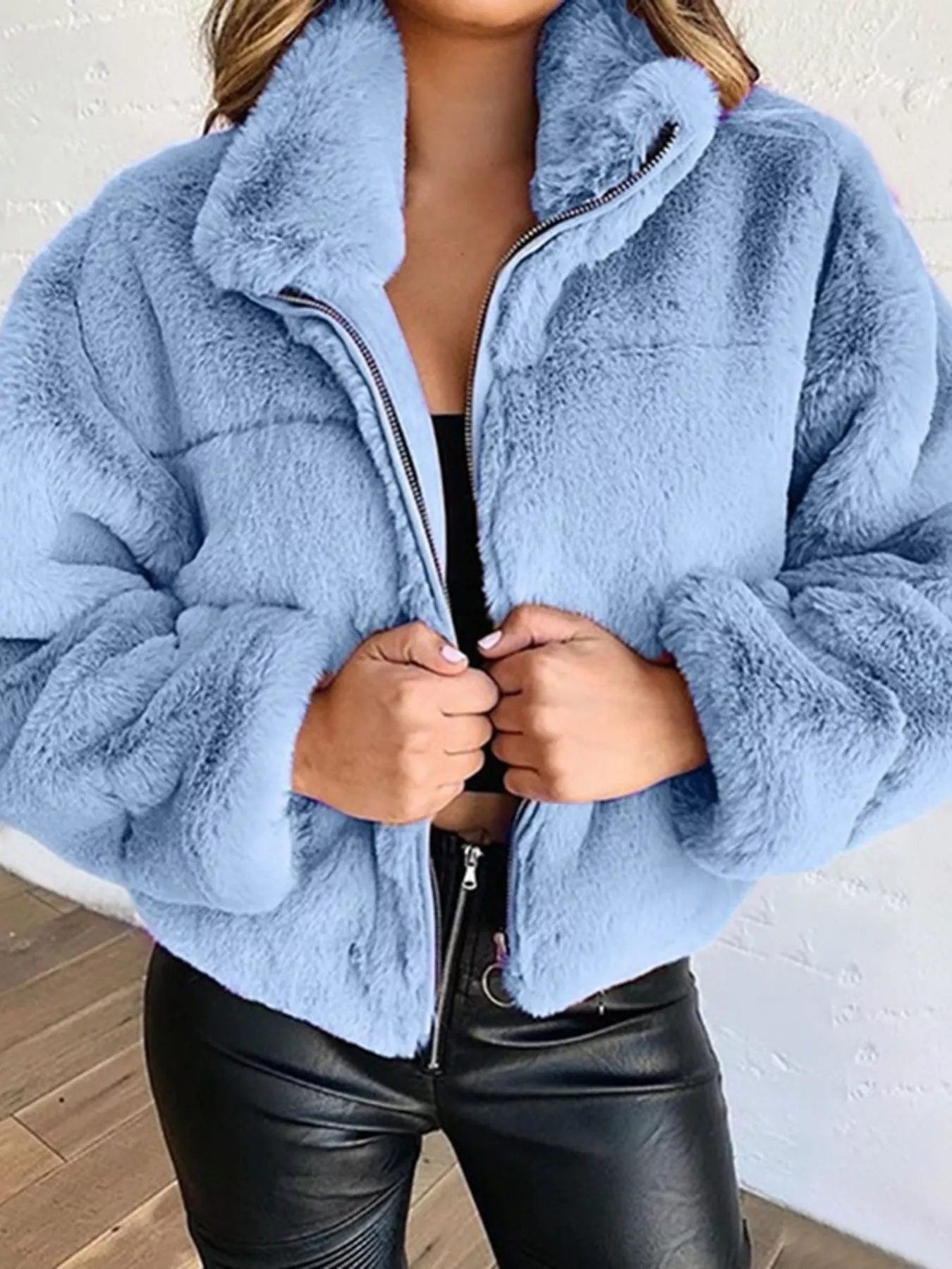 Full Size Faux Fur Cropped Zip-Up Jacket Plus Size - Image 10