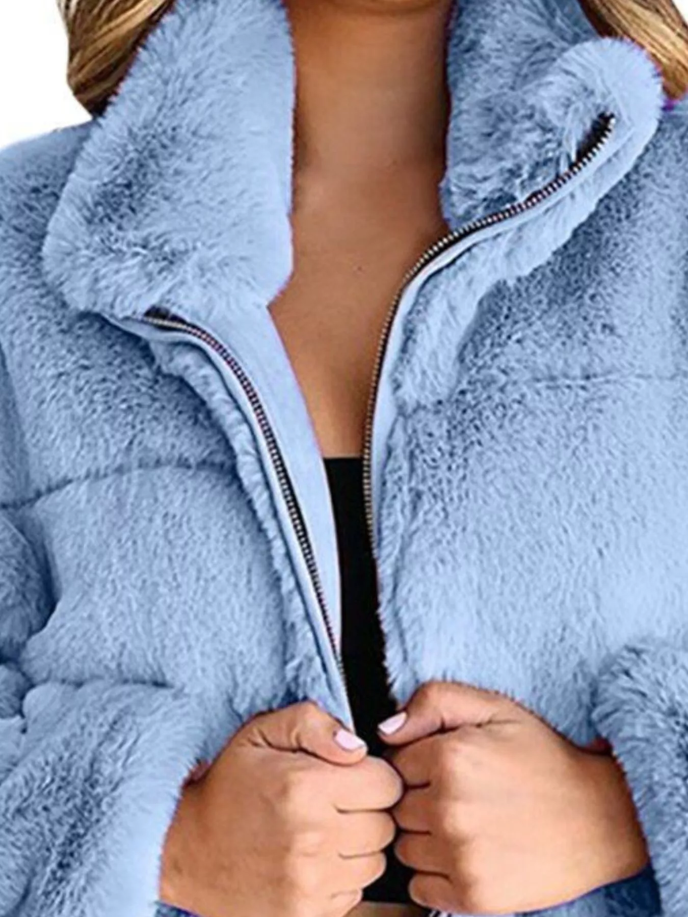 Full Size Faux Fur Cropped Zip-Up Jacket Plus Size - Image 11