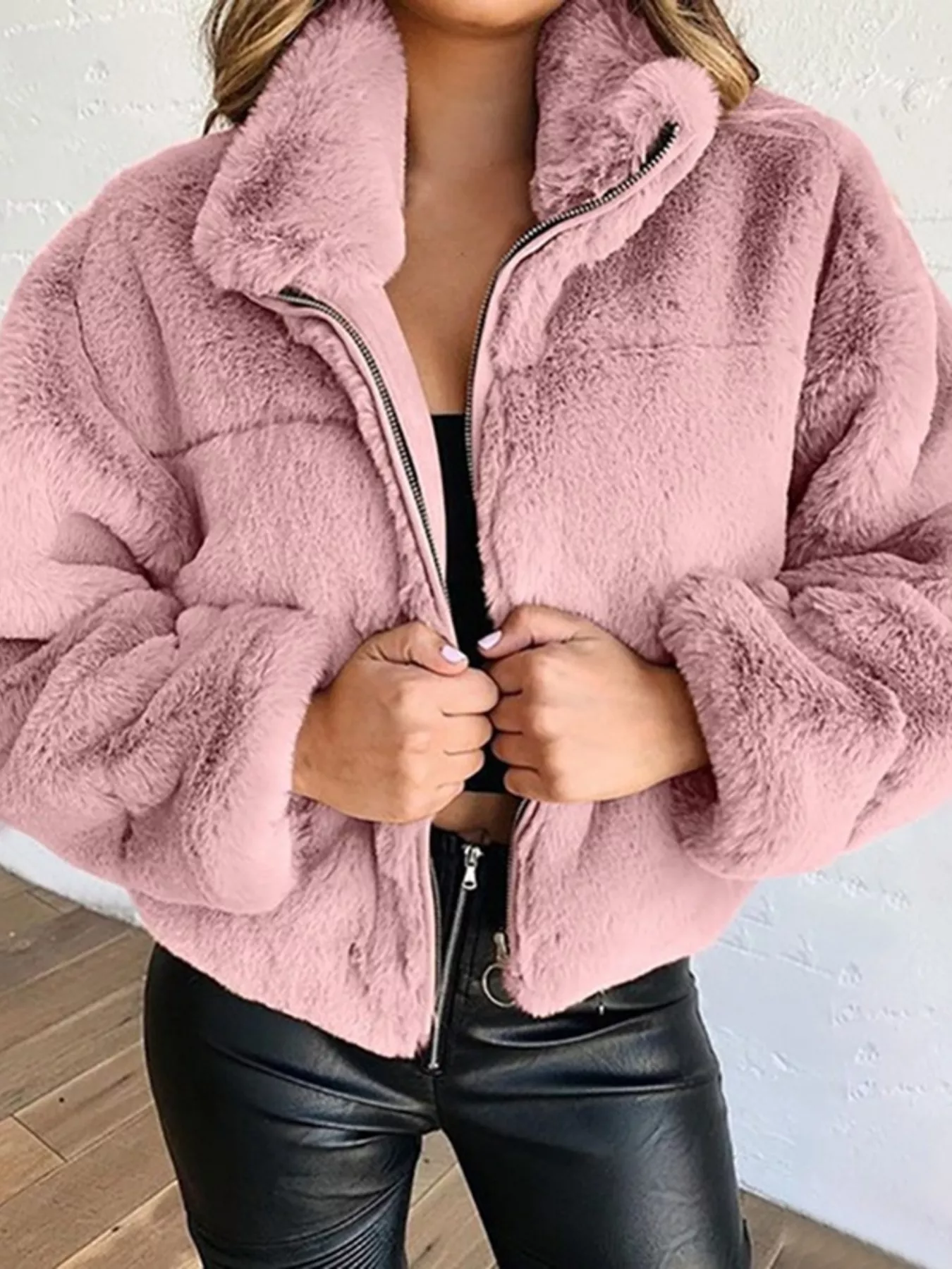 Full Size Faux Fur Cropped Zip-Up Jacket Plus Size - Image 13