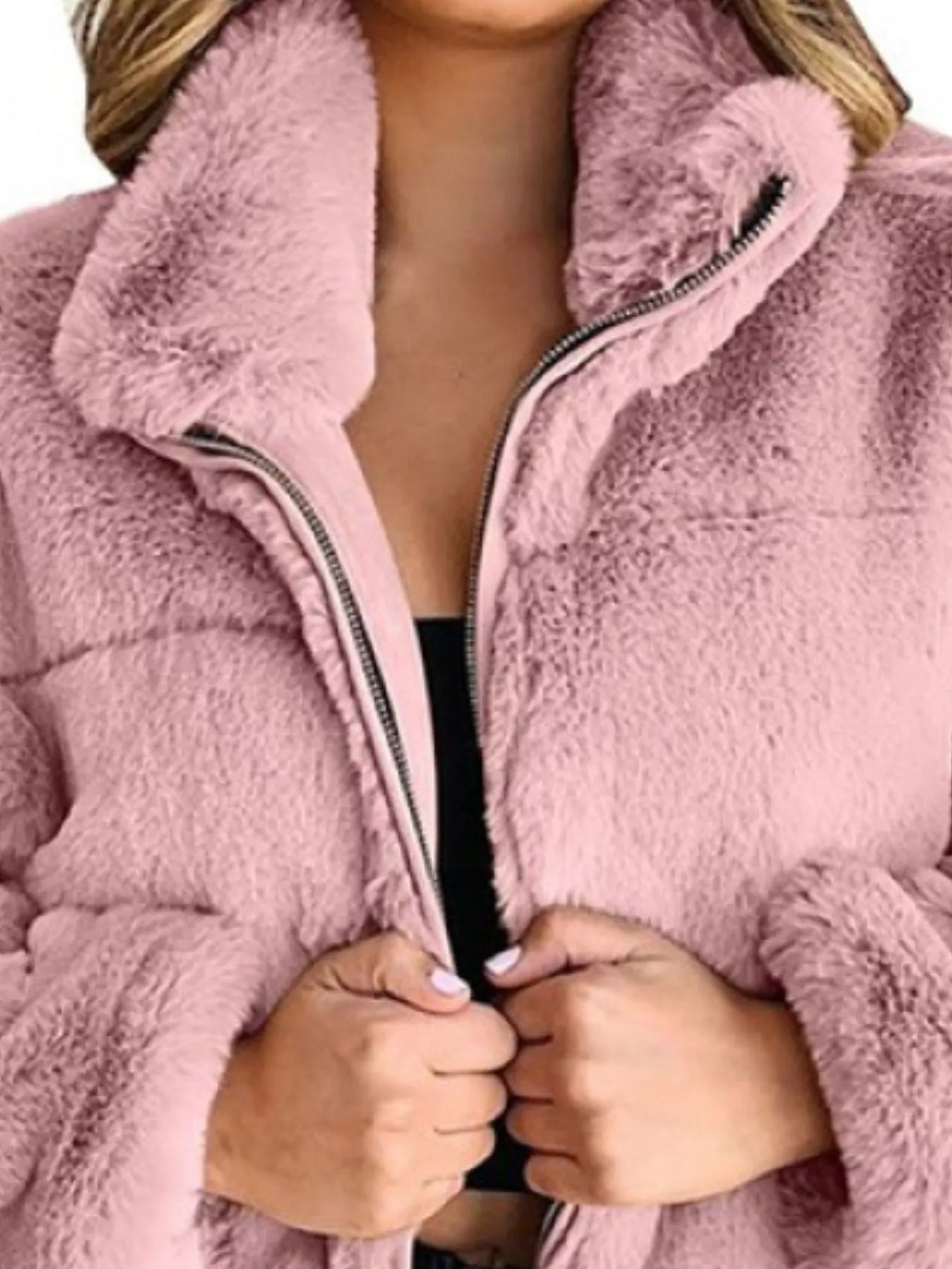 Full Size Faux Fur Cropped Zip-Up Jacket Plus Size - Image 14