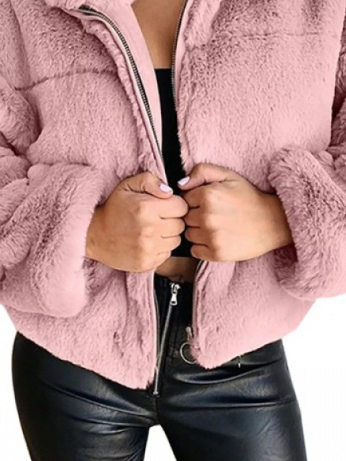 Full Size Faux Fur Cropped Zip-Up Jacket Plus Size - Image 15
