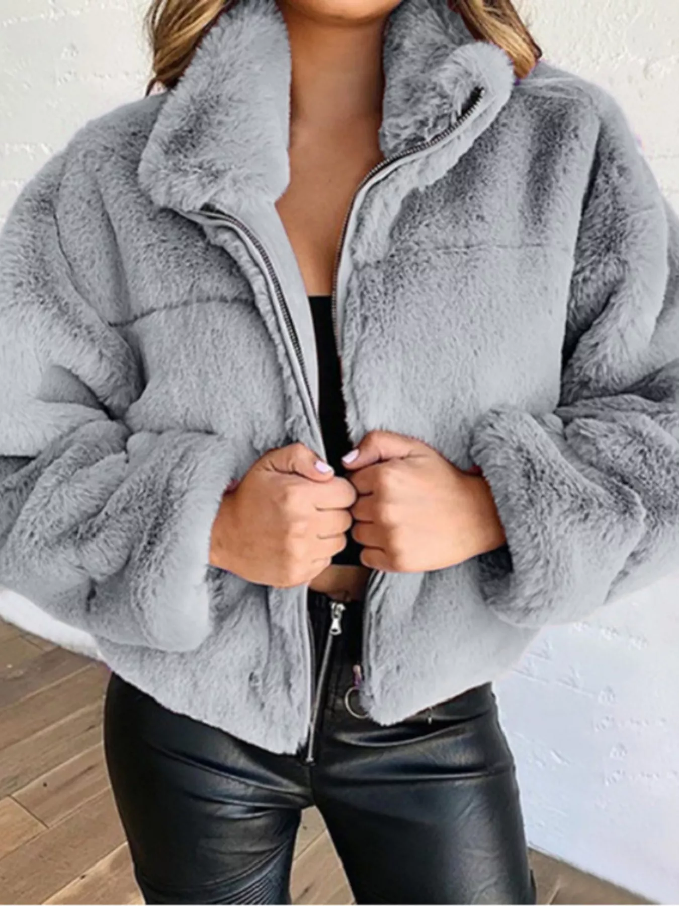 Full Size Faux Fur Cropped Zip-Up Jacket Plus Size - Image 16