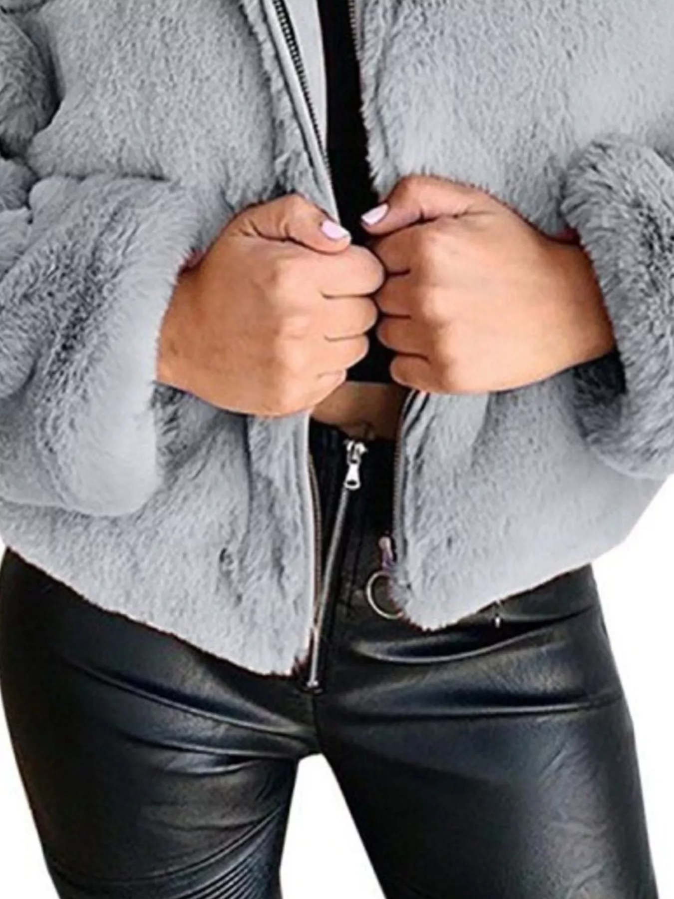 Full Size Faux Fur Cropped Zip-Up Jacket Plus Size - Image 17