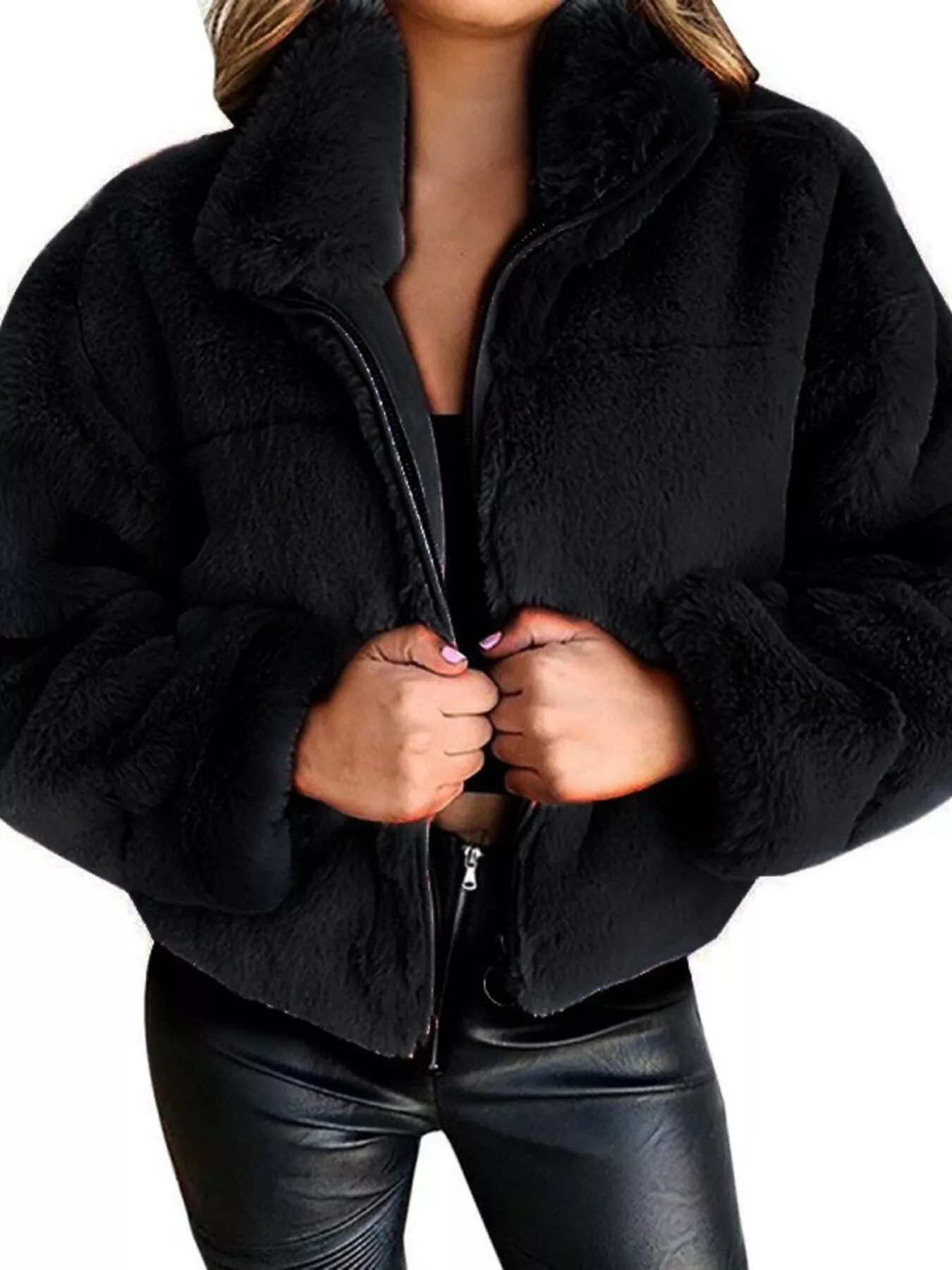 Full Size Faux Fur Cropped Zip-Up Jacket Plus Size - Image 7