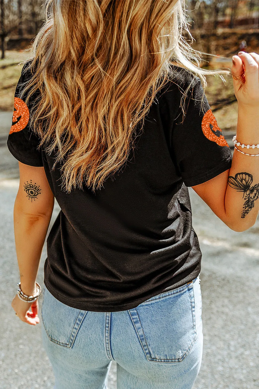 Full Size Glitter Jack-O'-Lantern Round Neck Short Sleeve T-Shirt - Image 3