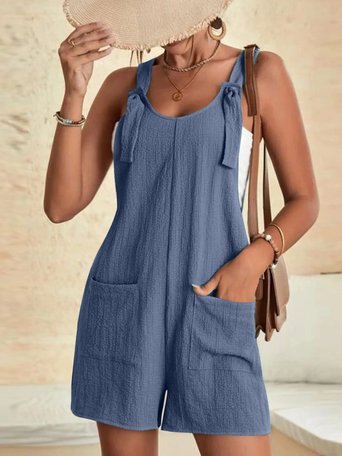 Full Size Knot Strap Romper with Pockets Plus Size - Image 16