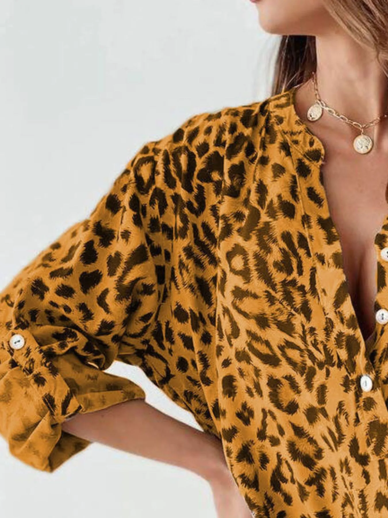 Full Size Leopard Print Roll-Tab Sleeves Blouse Plus Size - Image 5