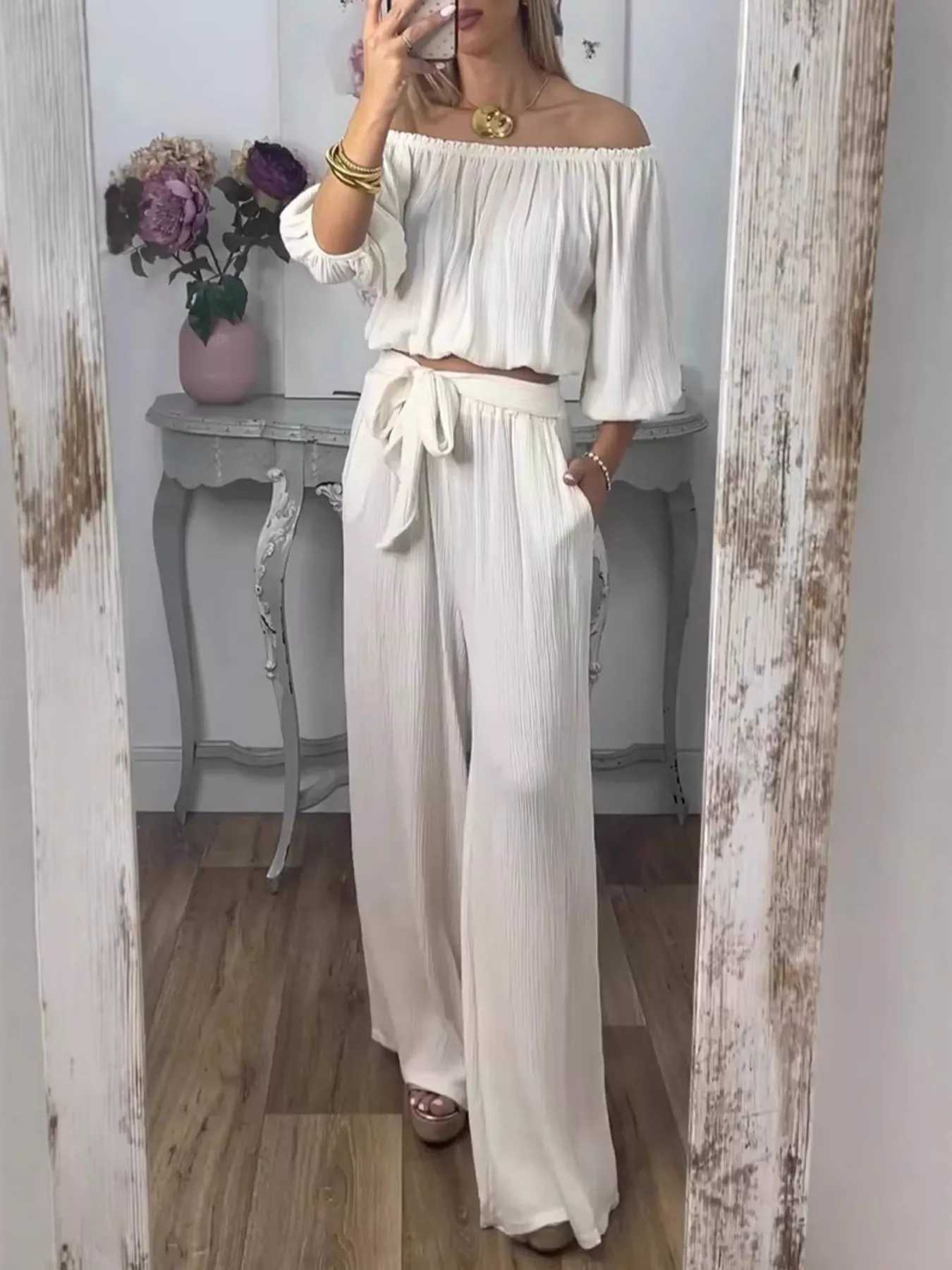 Full Size Off-Shoulder Top and Pants Set Plus Size