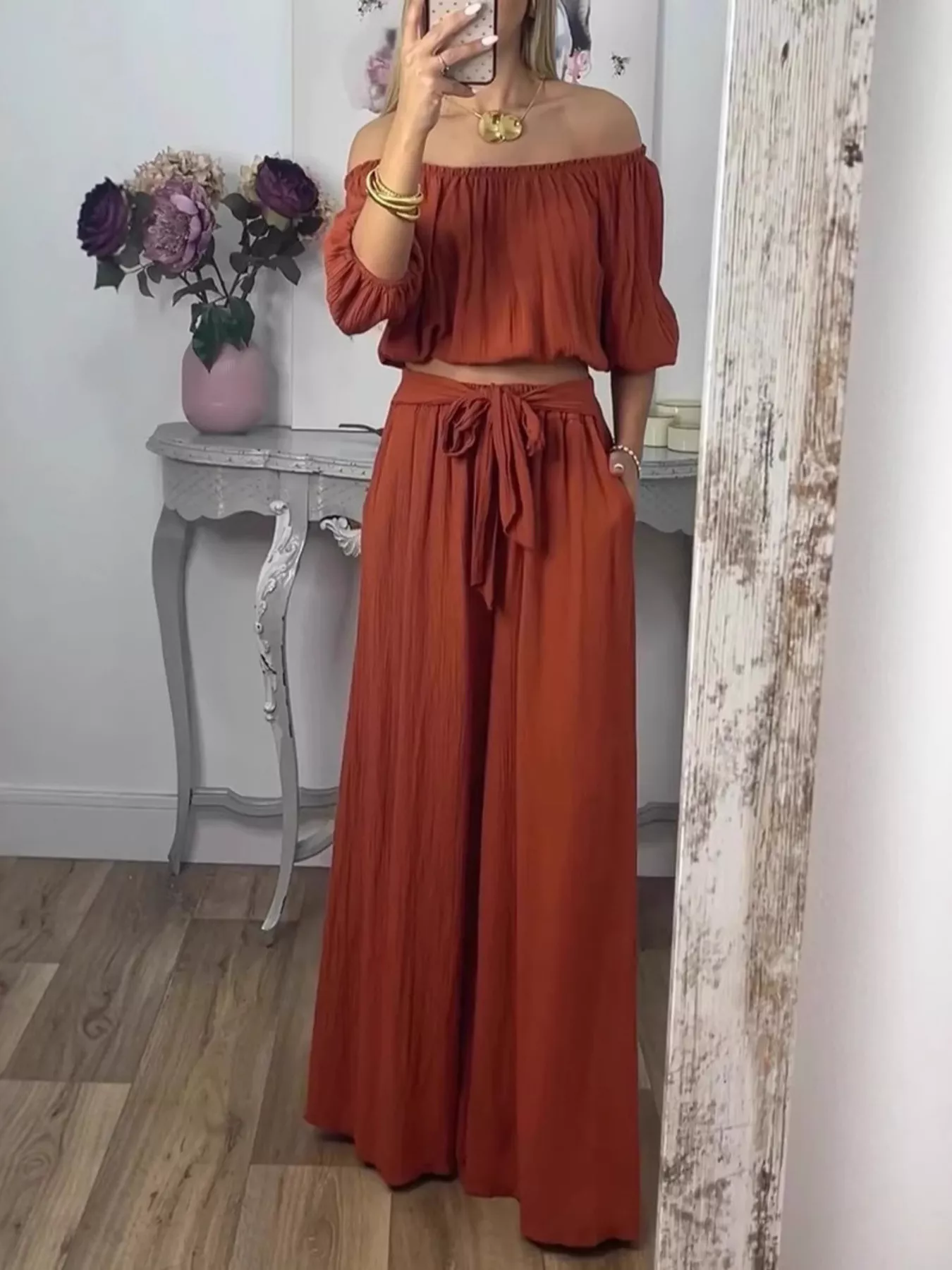 Full Size Off-Shoulder Top and Pants Set Plus Size - Image 4