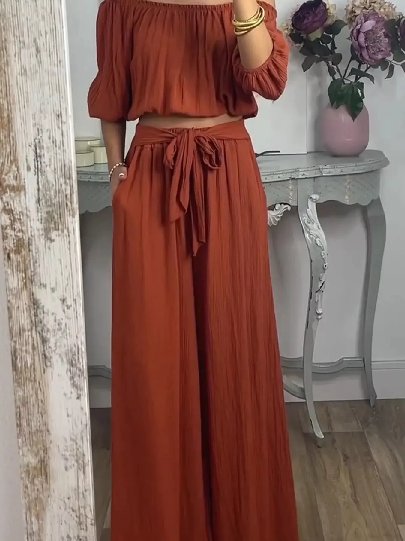 Full Size Off-Shoulder Top and Pants Set Plus Size - Image 5