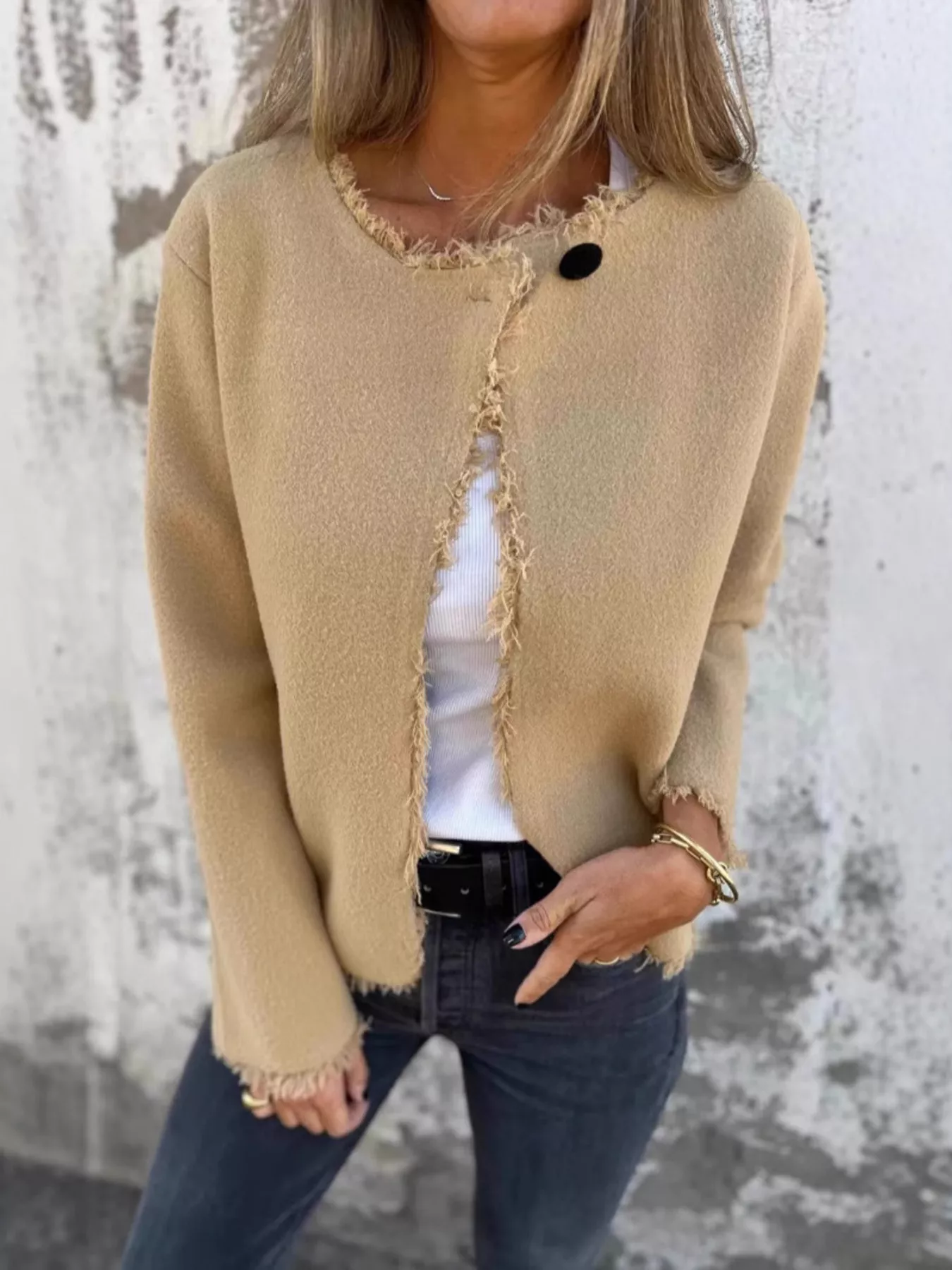 Full Size One Button Frayed Edge Cardigan Plus Size