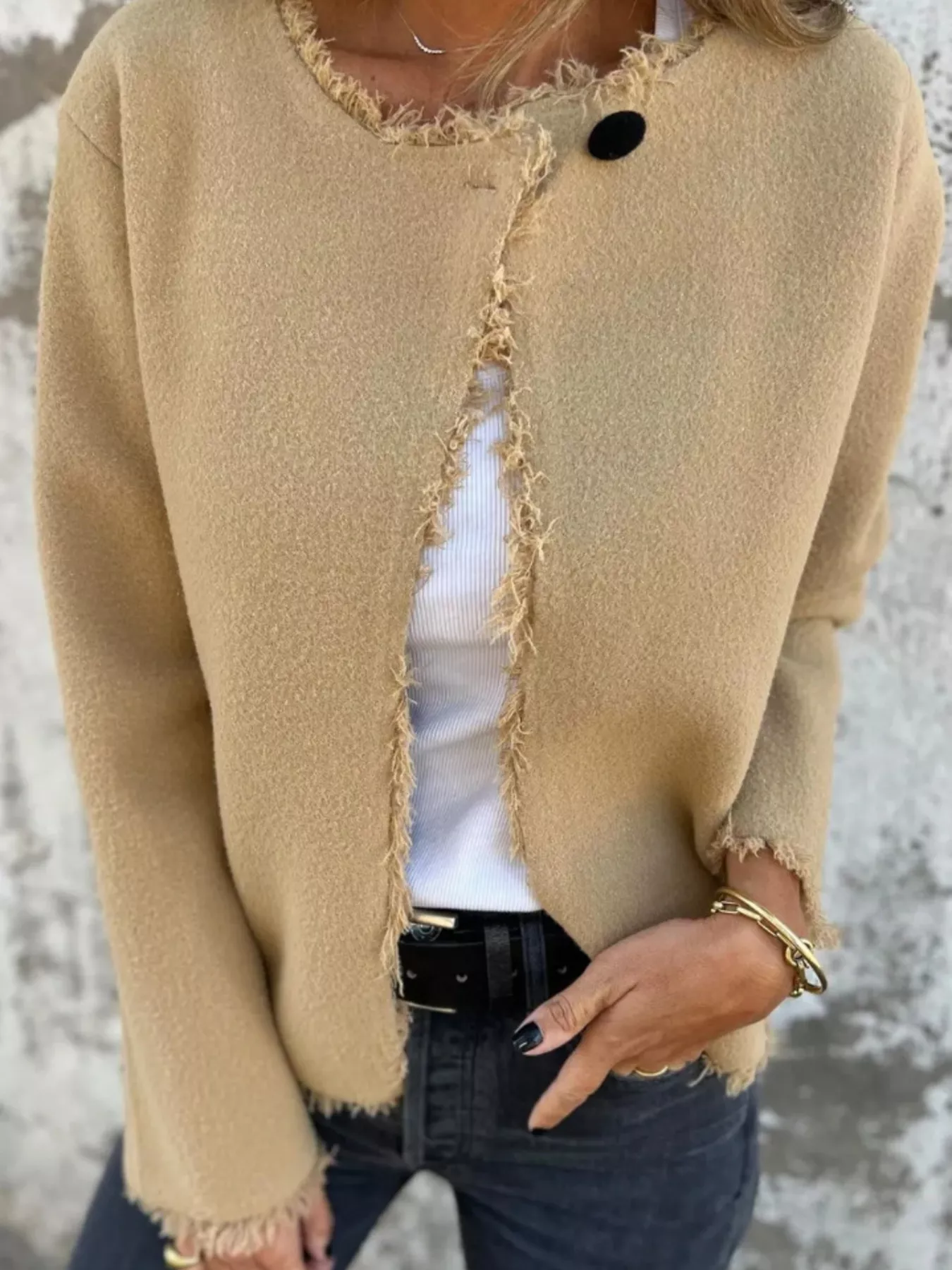 Full Size One Button Frayed Edge Cardigan Plus Size - Image 2