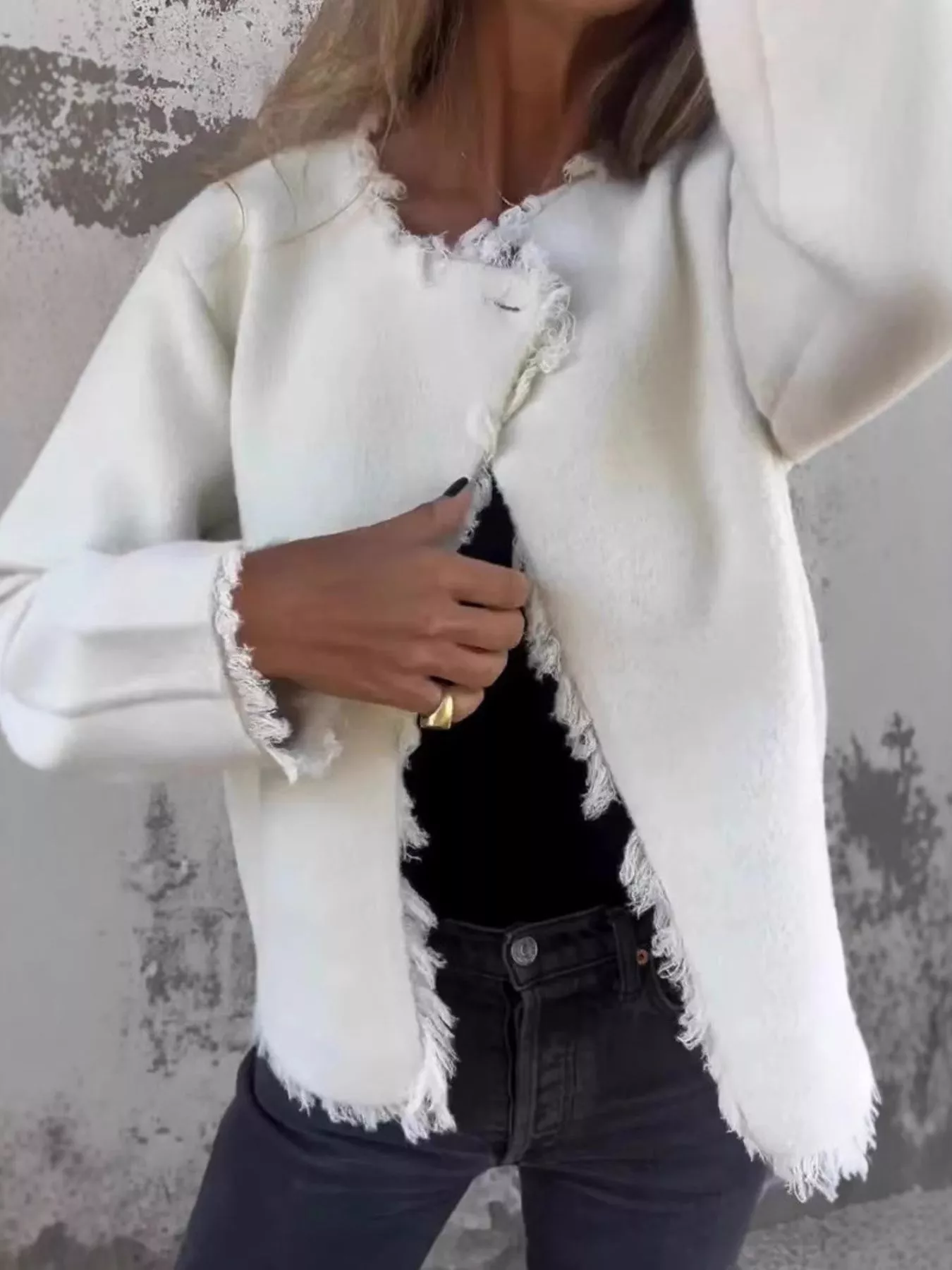 Full Size One Button Frayed Edge Cardigan Plus Size - Image 8