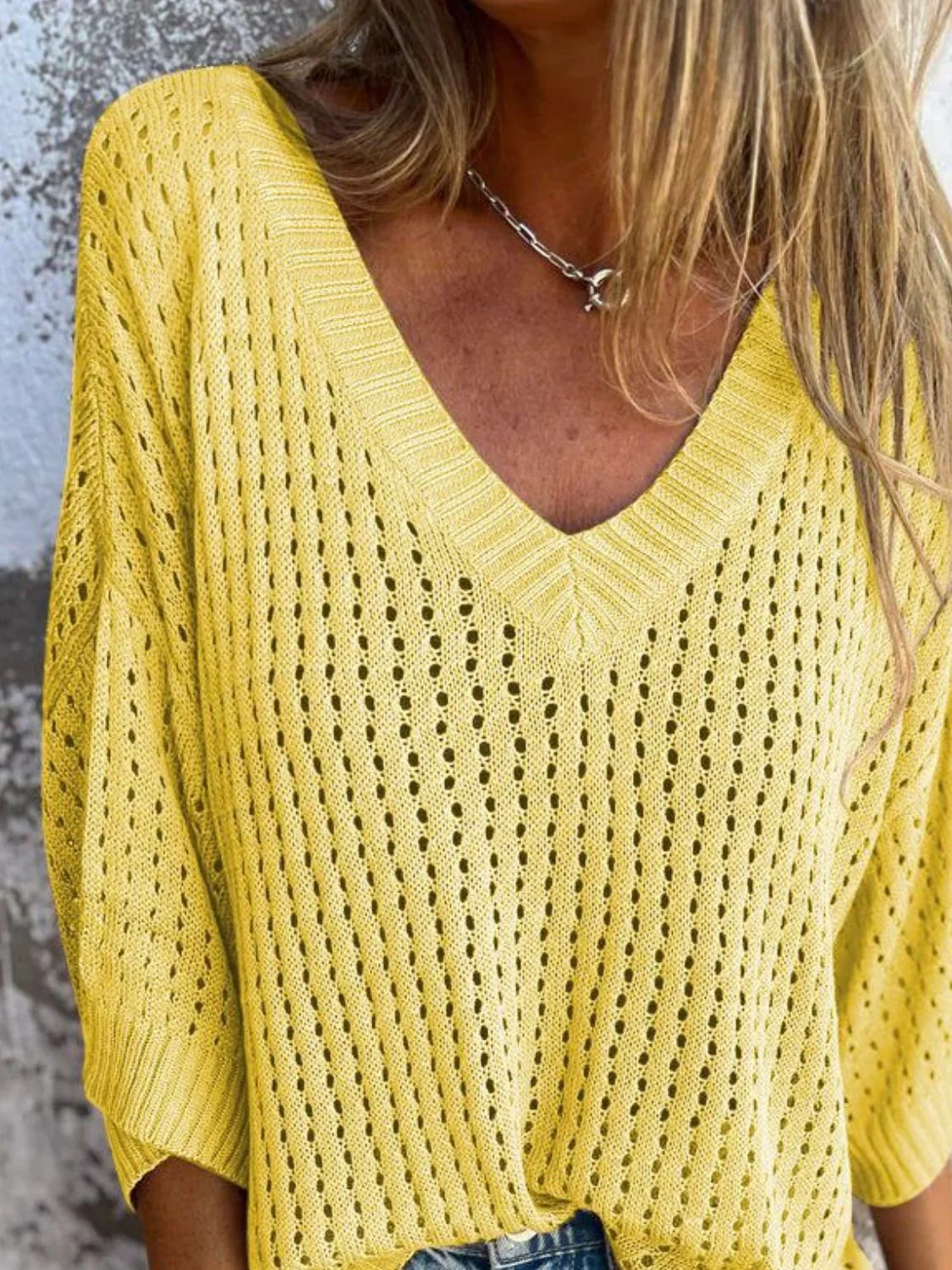 Full Size Openwork V-Neck Knit Cover Up Plus Size - Image 2