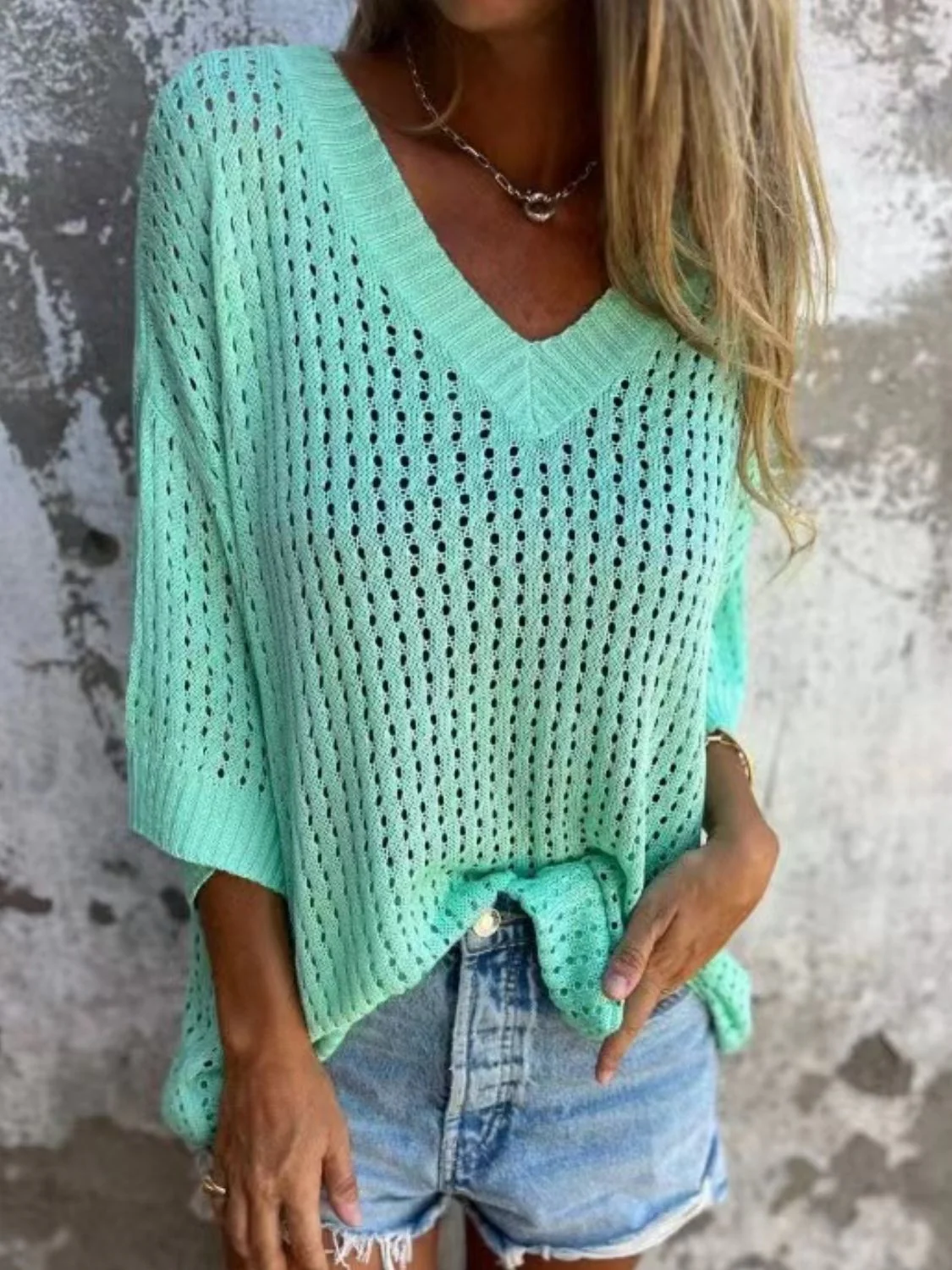 Full Size Openwork V-Neck Knit Cover Up Plus Size - Image 3