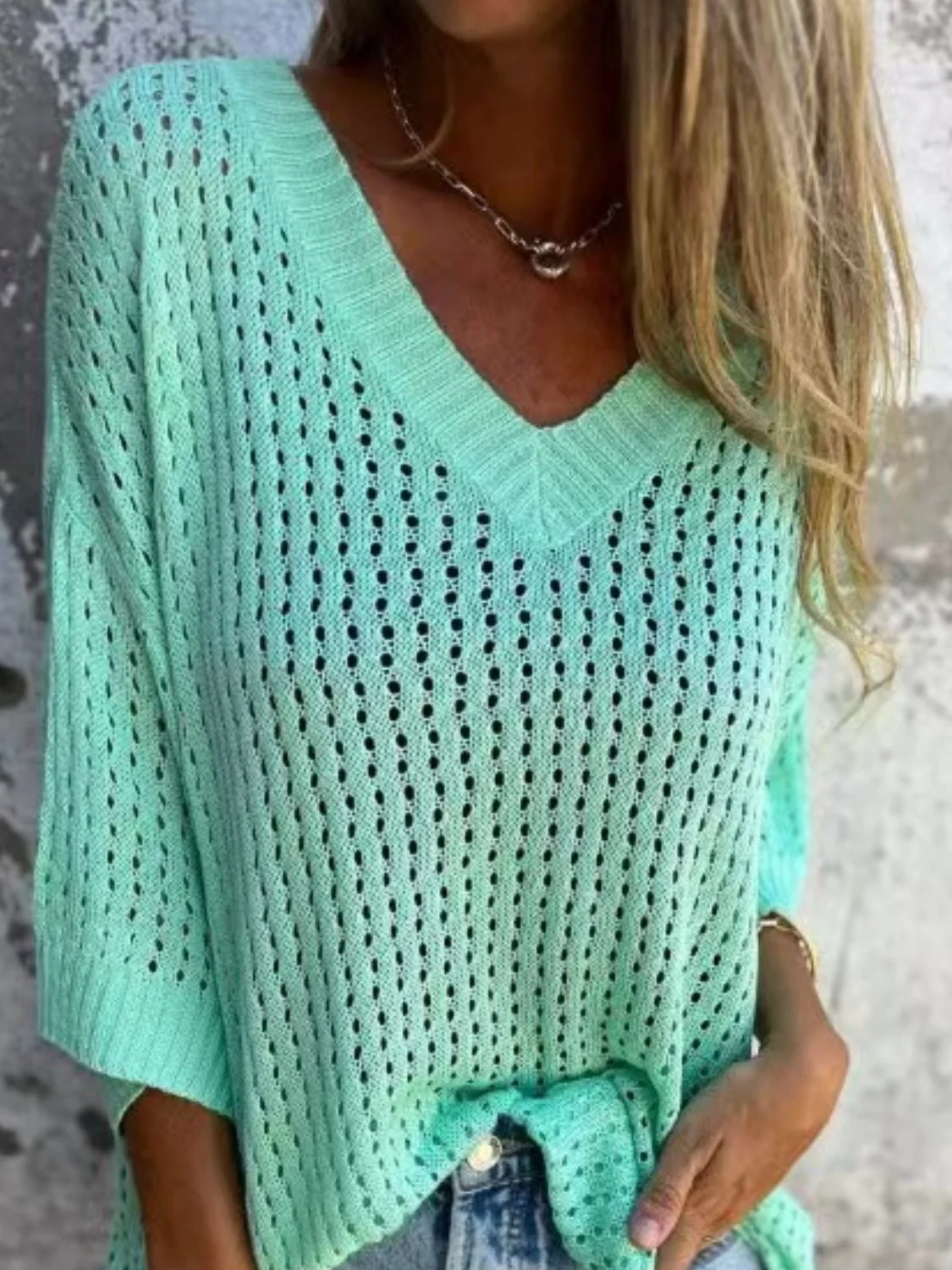 Full Size Openwork V-Neck Knit Cover Up Plus Size - Image 4