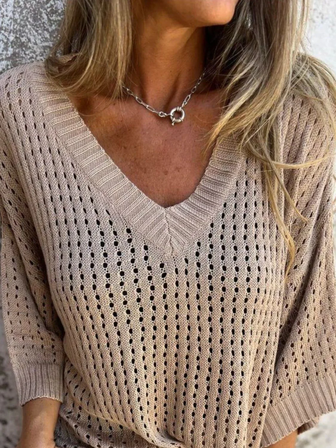 Full Size Openwork V-Neck Knit Cover Up Plus Size - Image 5