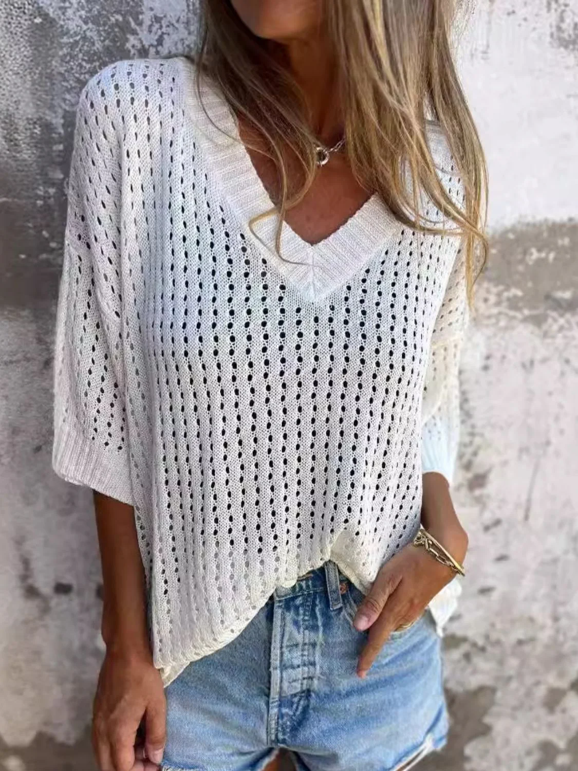Full Size Openwork V-Neck Knit Cover Up Plus Size