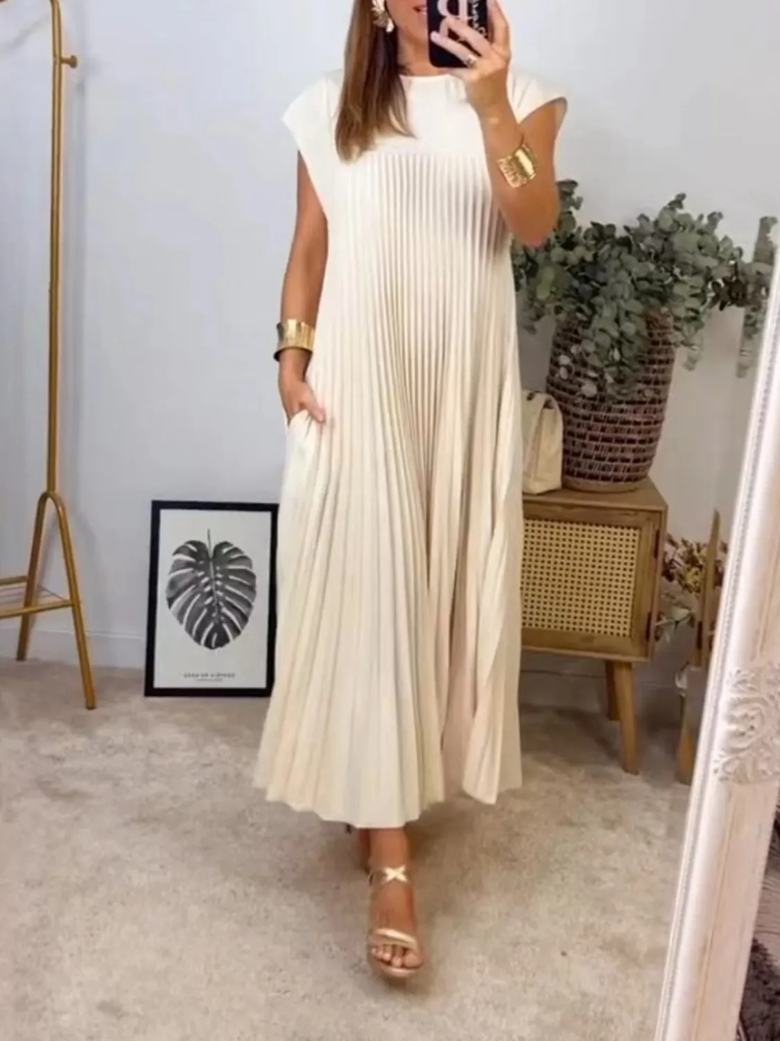 Full Size Pleated Round Neck Maxi Dress Plus Size - Image 3