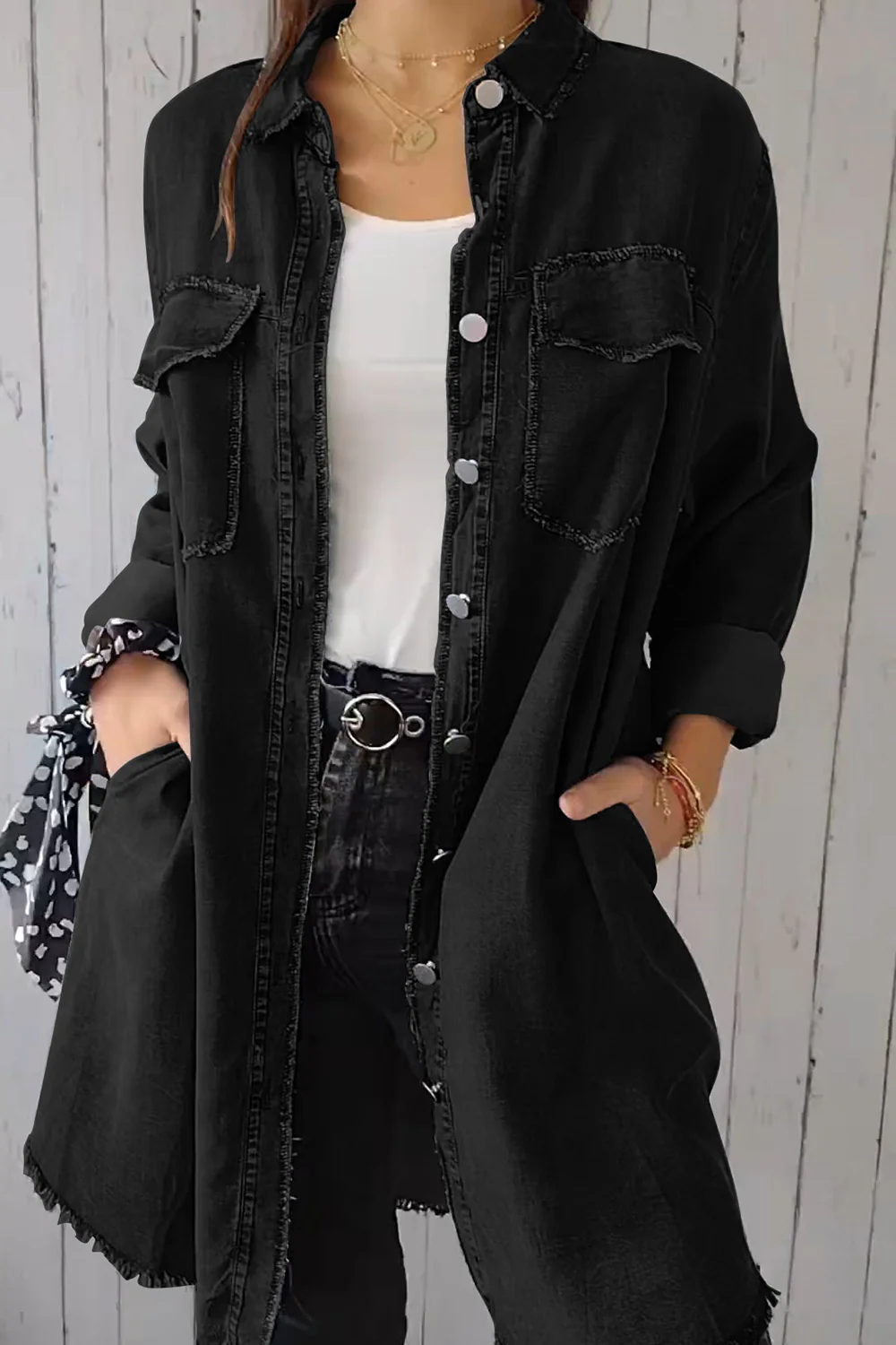 Full Size Pocketed Button Up Long Sleeve Denim Jacket - Image 10