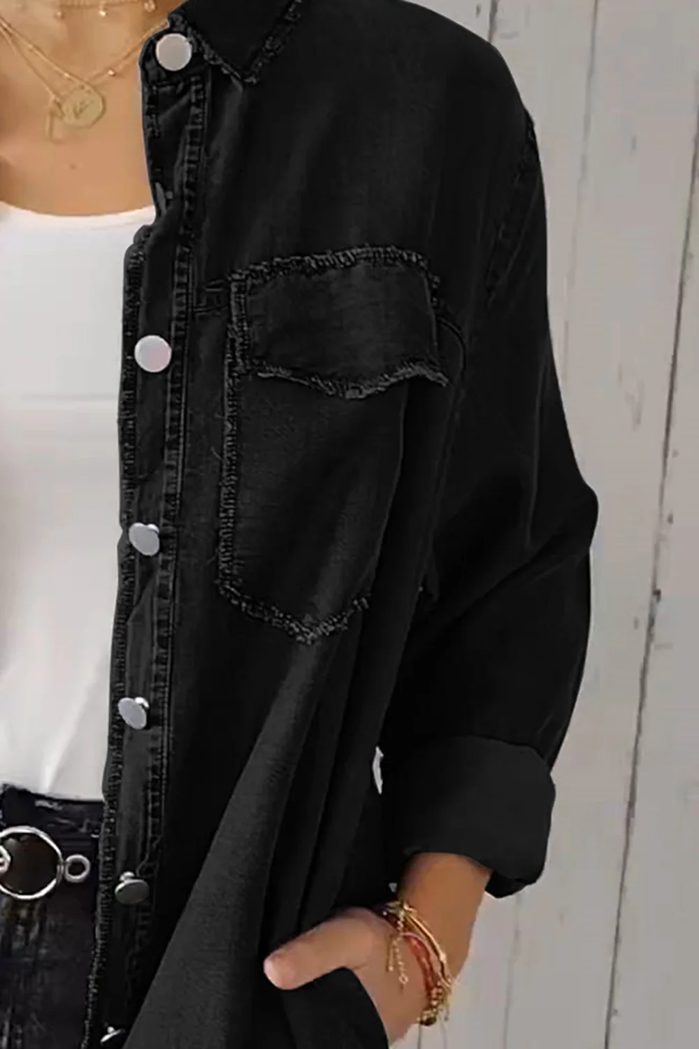 Full Size Pocketed Button Up Long Sleeve Denim Jacket - Image 12