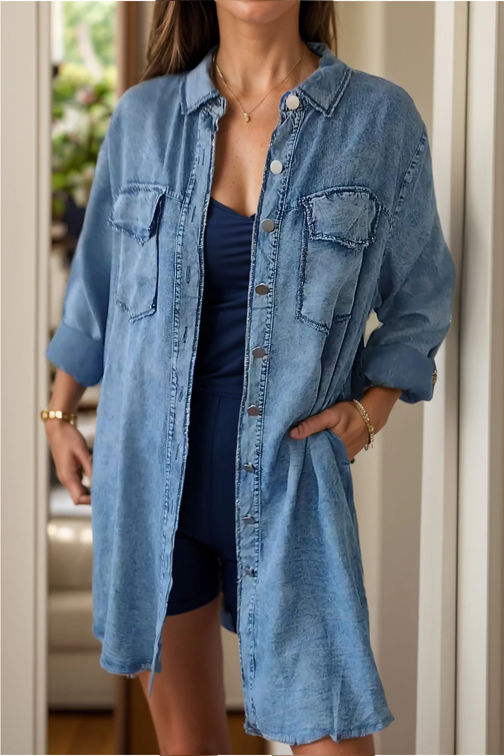 Full Size Pocketed Button Up Long Sleeve Denim Jacket - Image 2