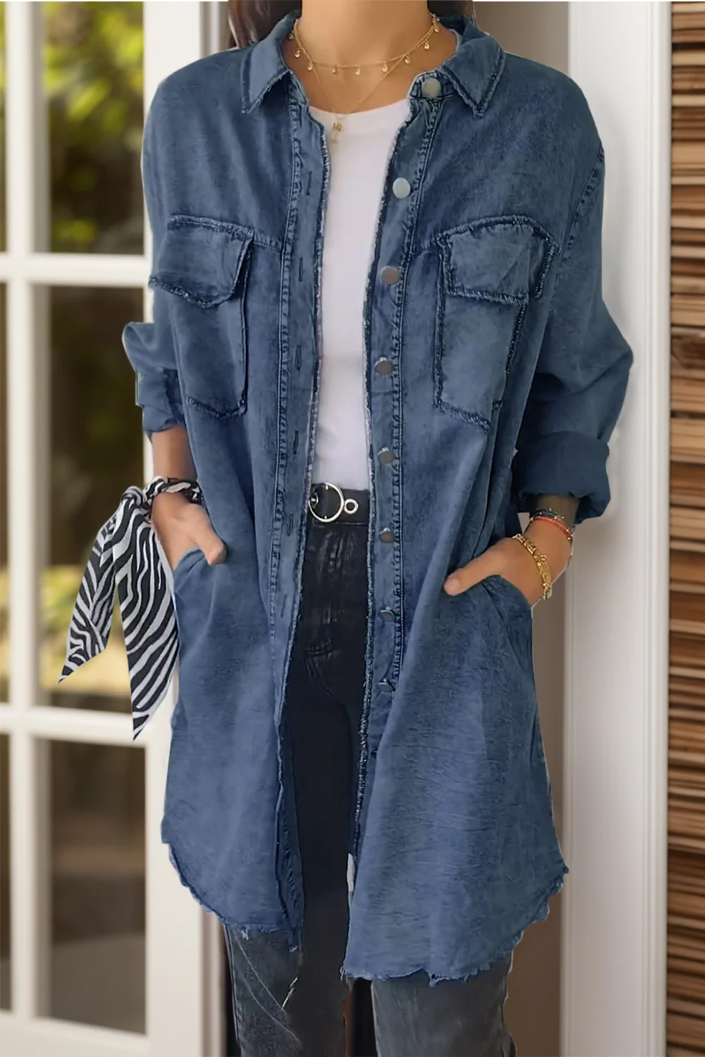 Full Size Pocketed Button Up Long Sleeve Denim Jacket - Image 4