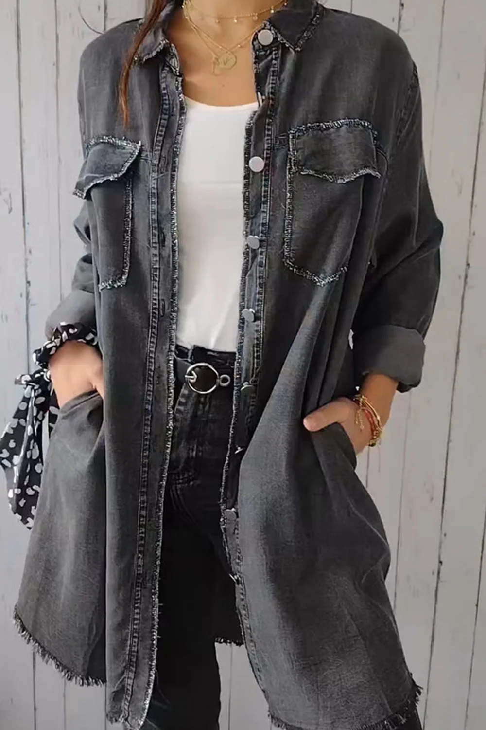 Full Size Pocketed Button Up Long Sleeve Denim Jacket - Image 7