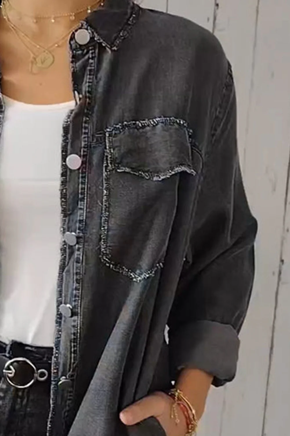 Full Size Pocketed Button Up Long Sleeve Denim Jacket - Image 9