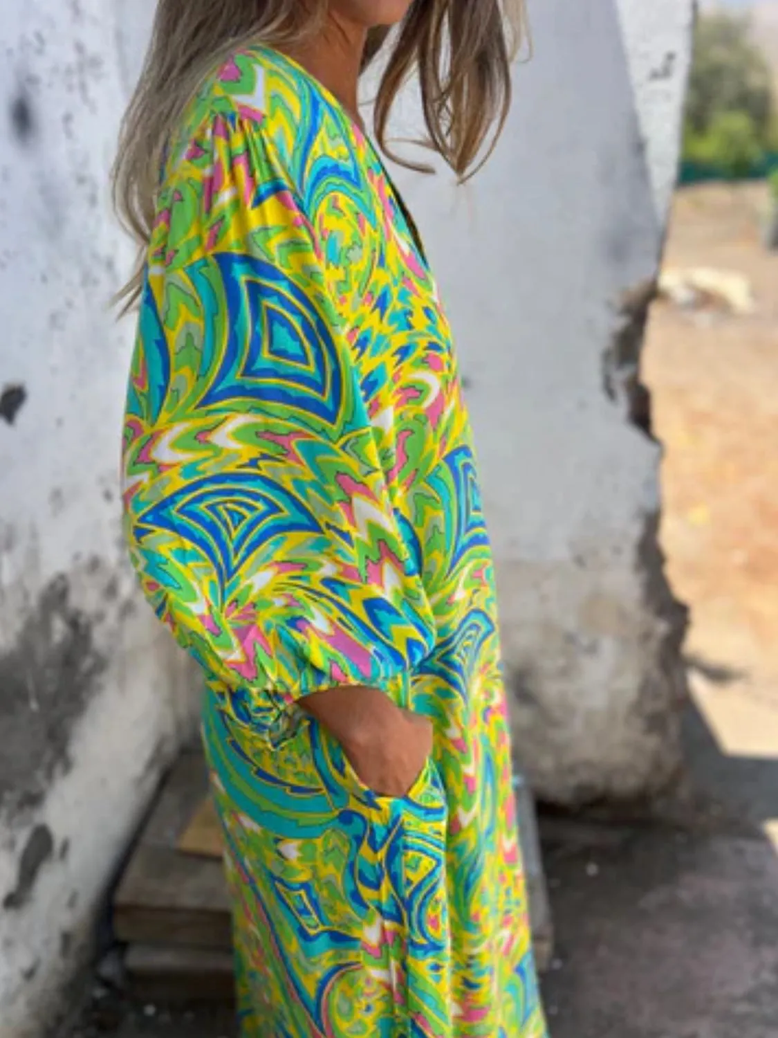 Full Size Printed V-Neck Dress with Pockets Plus Size - Image 10