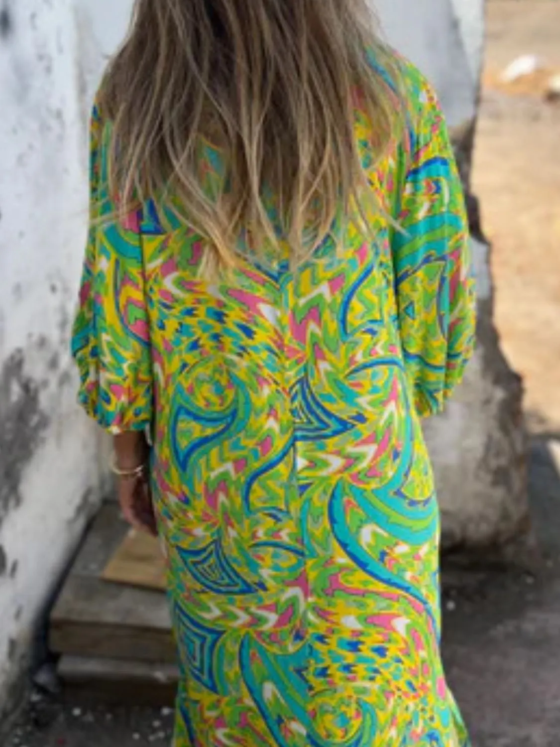 Full Size Printed V-Neck Dress with Pockets Plus Size - Image 11