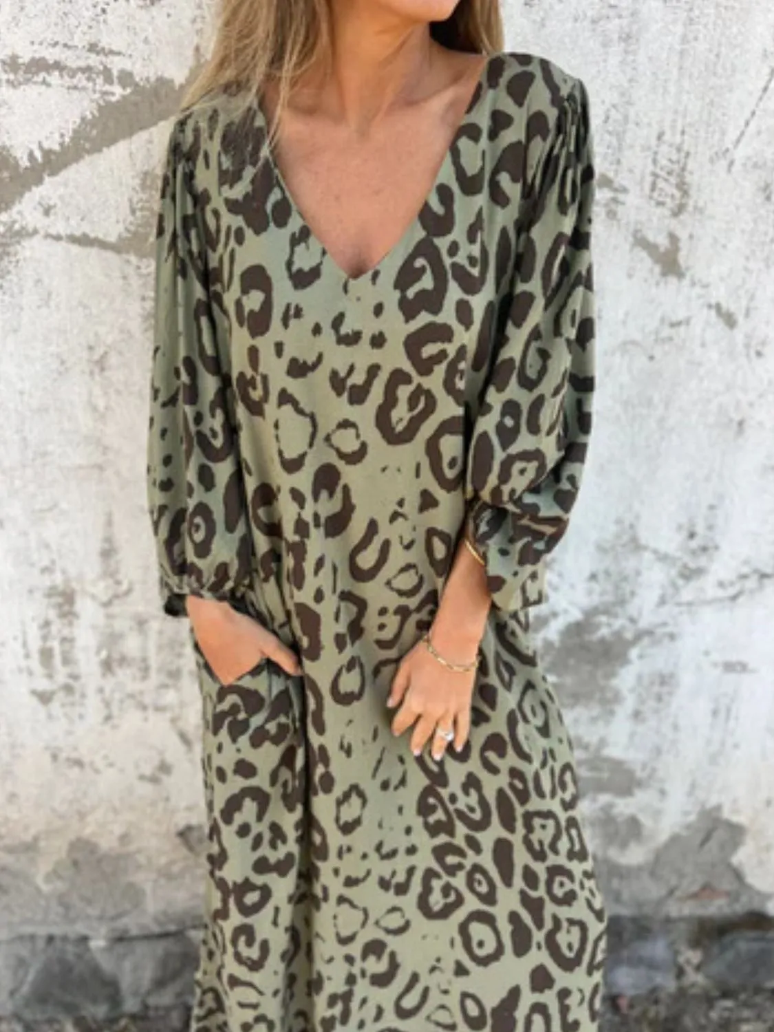 Full Size Printed V-Neck Dress with Pockets Plus Size - Image 13