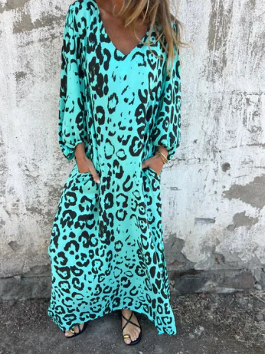 Full Size Printed V-Neck Dress with Pockets Plus Size - Image 19