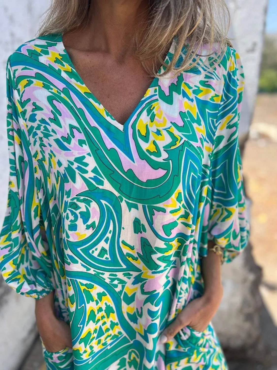 Full Size Printed V-Neck Dress with Pockets Plus Size - Image 2