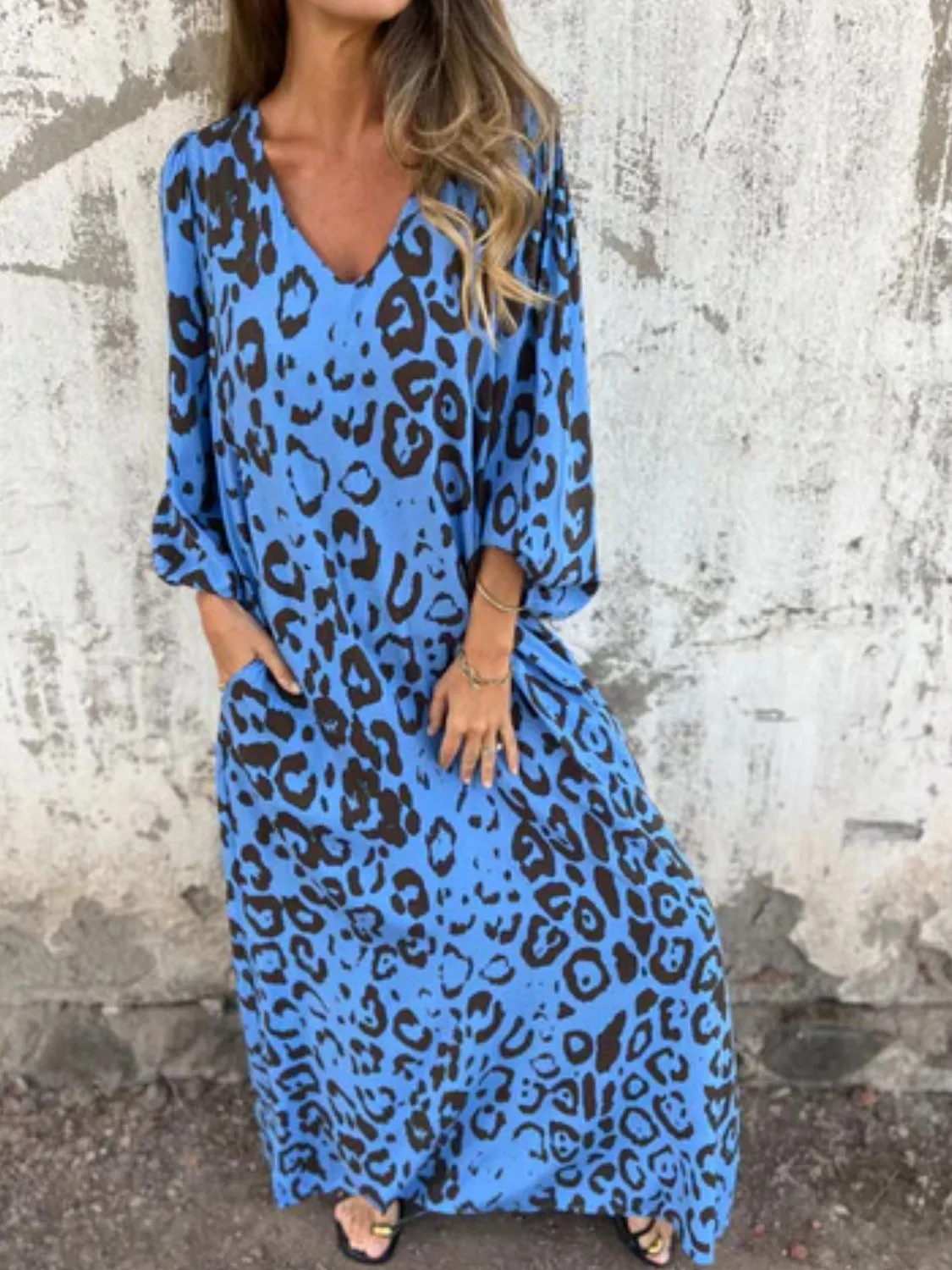 Full Size Printed V-Neck Dress with Pockets Plus Size - Image 22