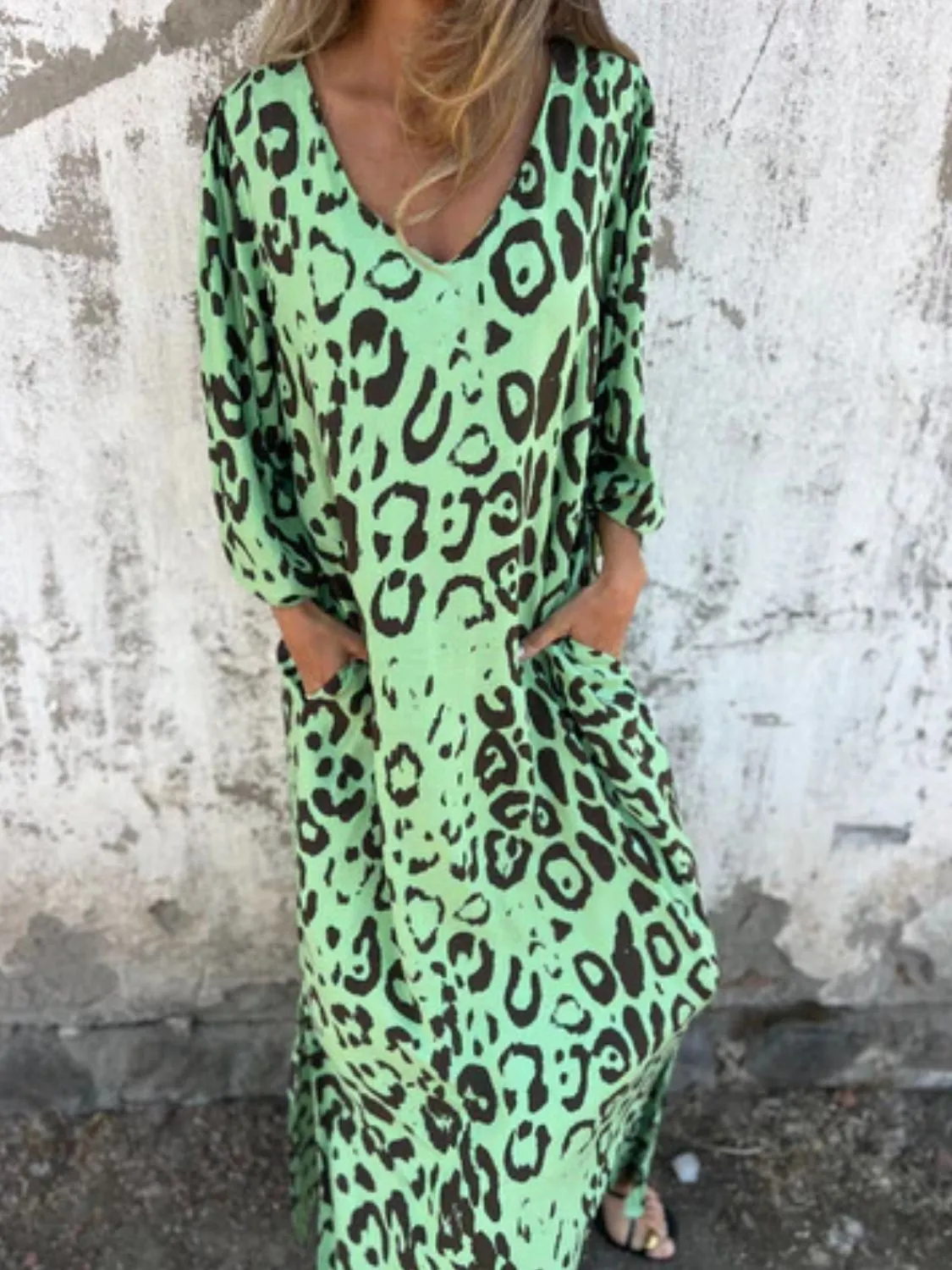 Full Size Printed V-Neck Dress with Pockets Plus Size - Image 26
